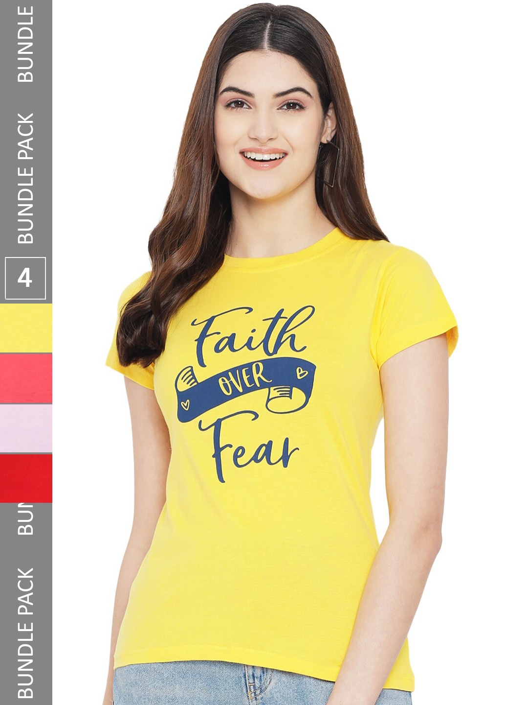 

Fabflee Pack Of 4 Typography Printed Cotton T-shirts, Yellow