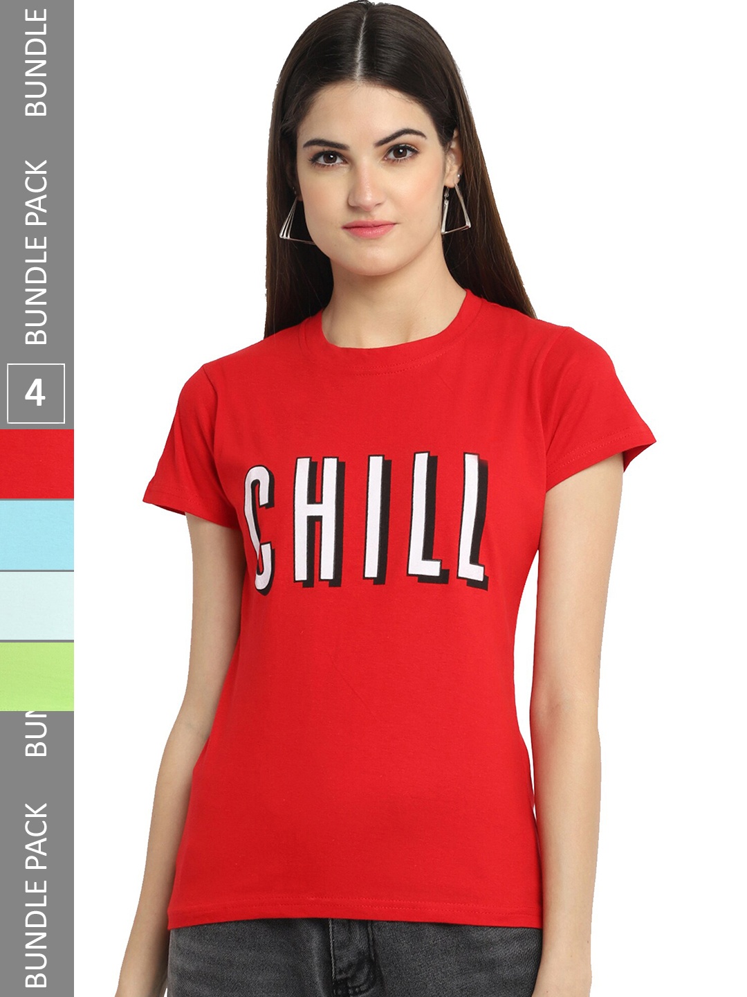 

Fabflee Pack Of 4 Typography Printed Cotton T-shirt, Red