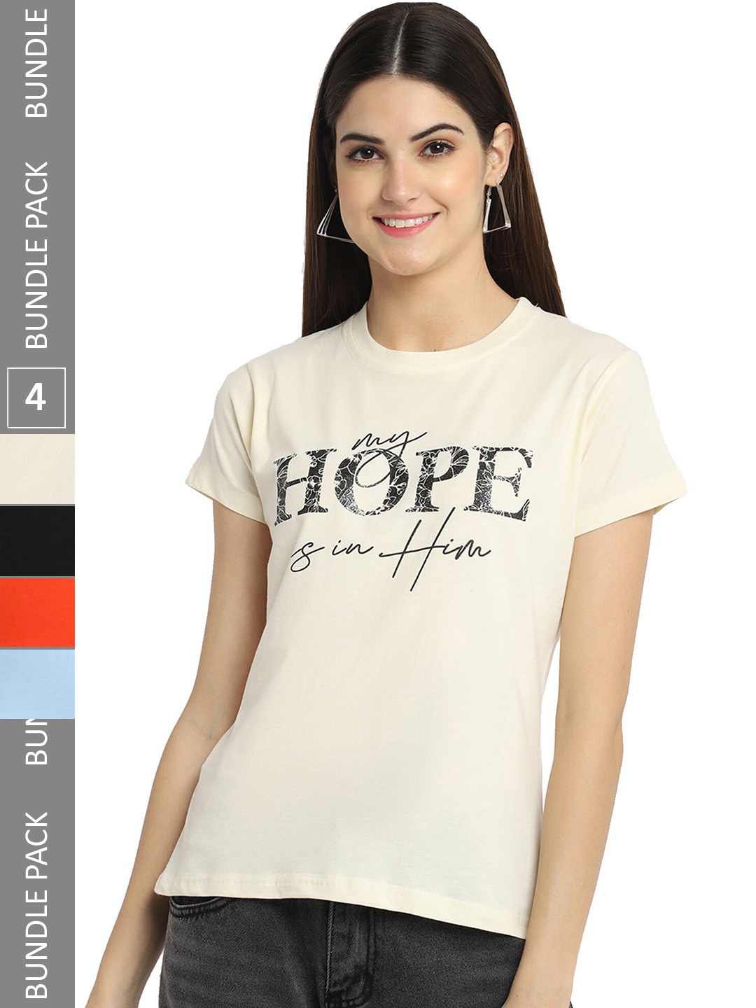 

Fabflee Pack Of 4 Typography Printed Cotton T-Shirts, Off white