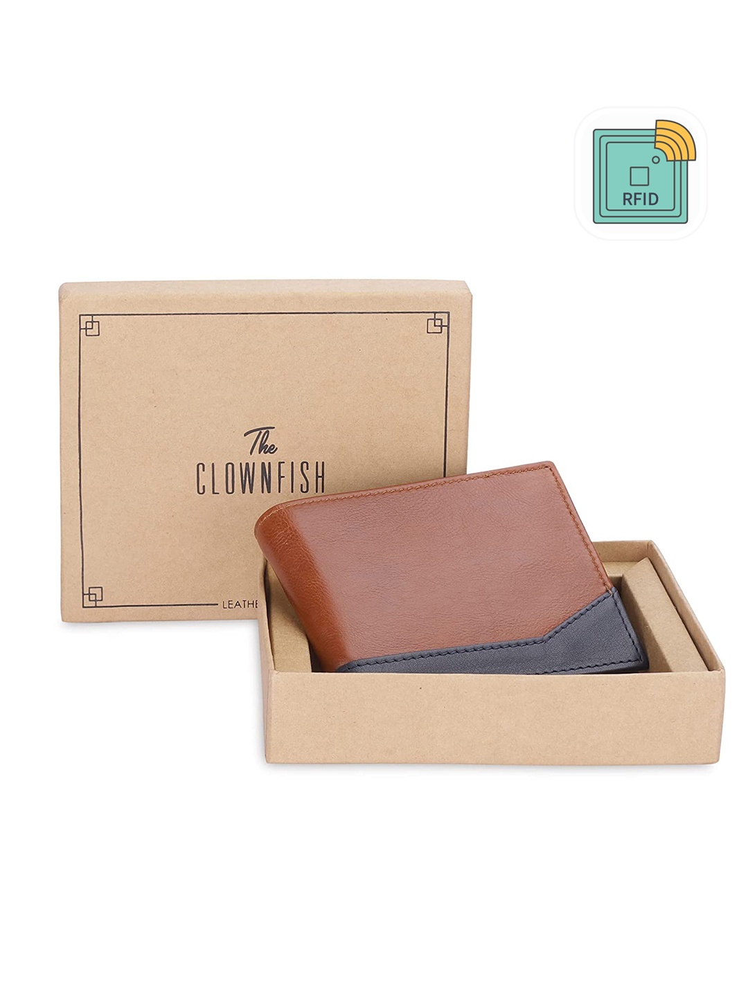 

THE CLOWNFISH Men Colourblocked Leather RFID Two Fold Wallet, Tan