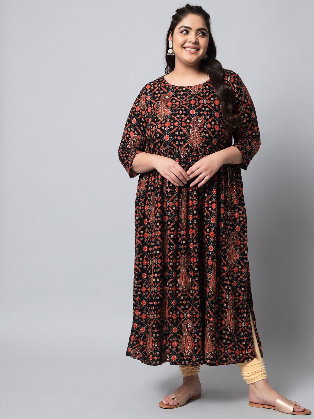 

Pankvi Plus Size Ethnic Motifs Printed Beads & Stones Foil Print A-Line Kurta, Black