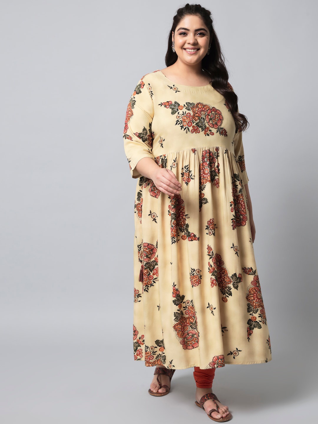 

Pankvi Plus Size Floral Printed Beads & Stones Foil Print A-Line Kurta, Beige