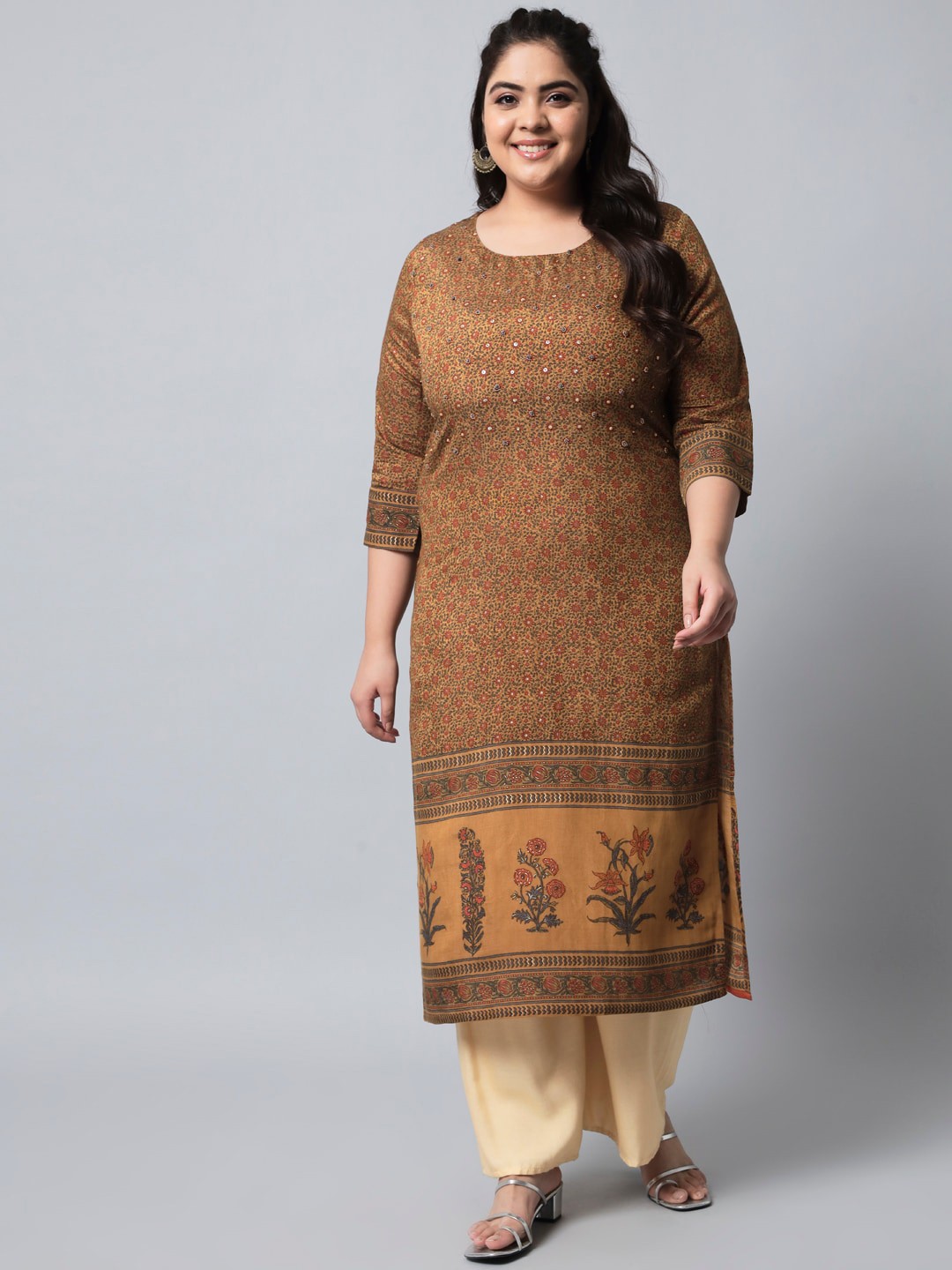 

Pankvi Plus Size Floral Printed Beads and Stones Pure Silk Kurta, Brown
