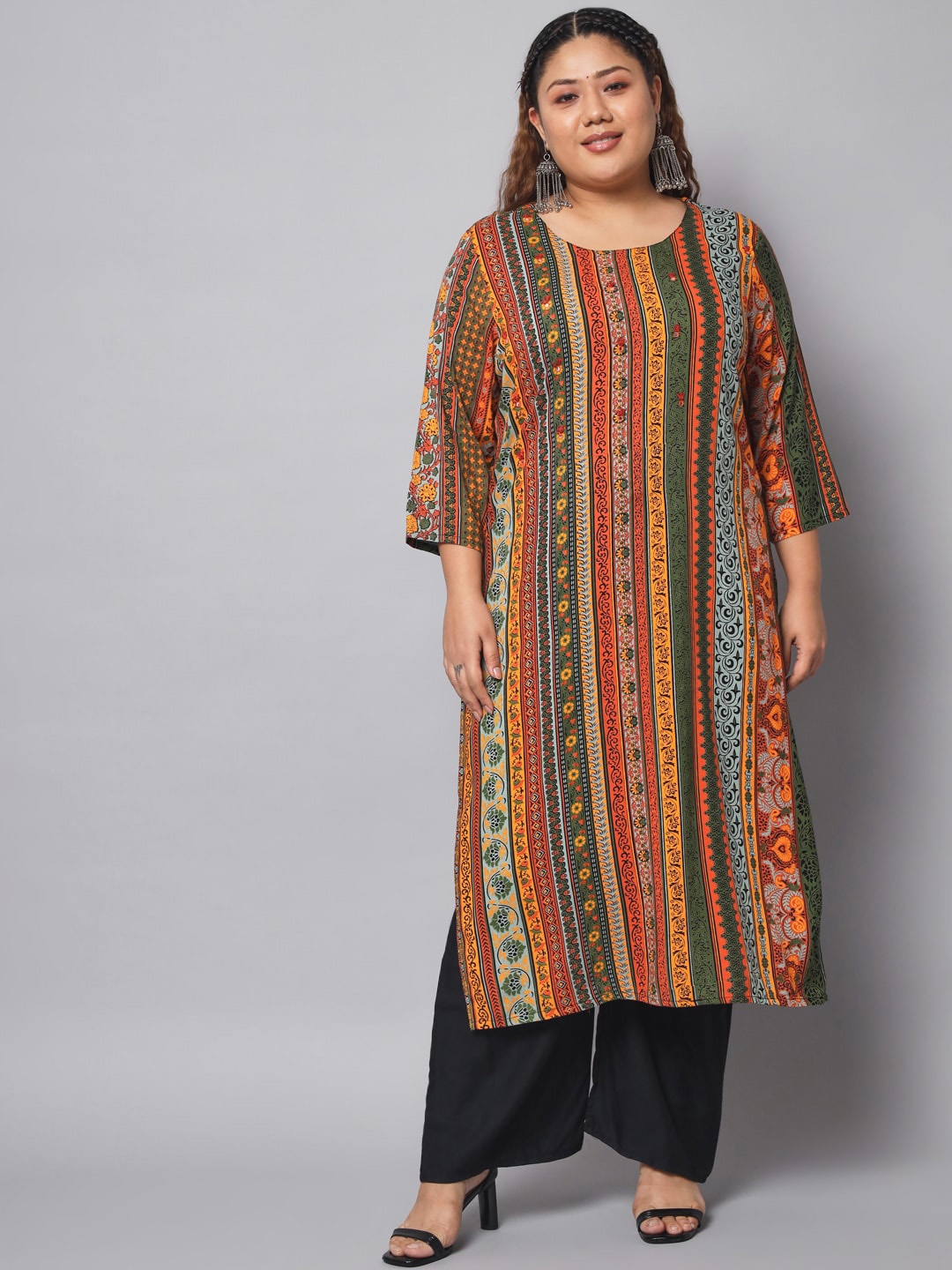 

Pankvi Plus Size Ethnic Motif Printed Thread Work Straight Kurta, Olive