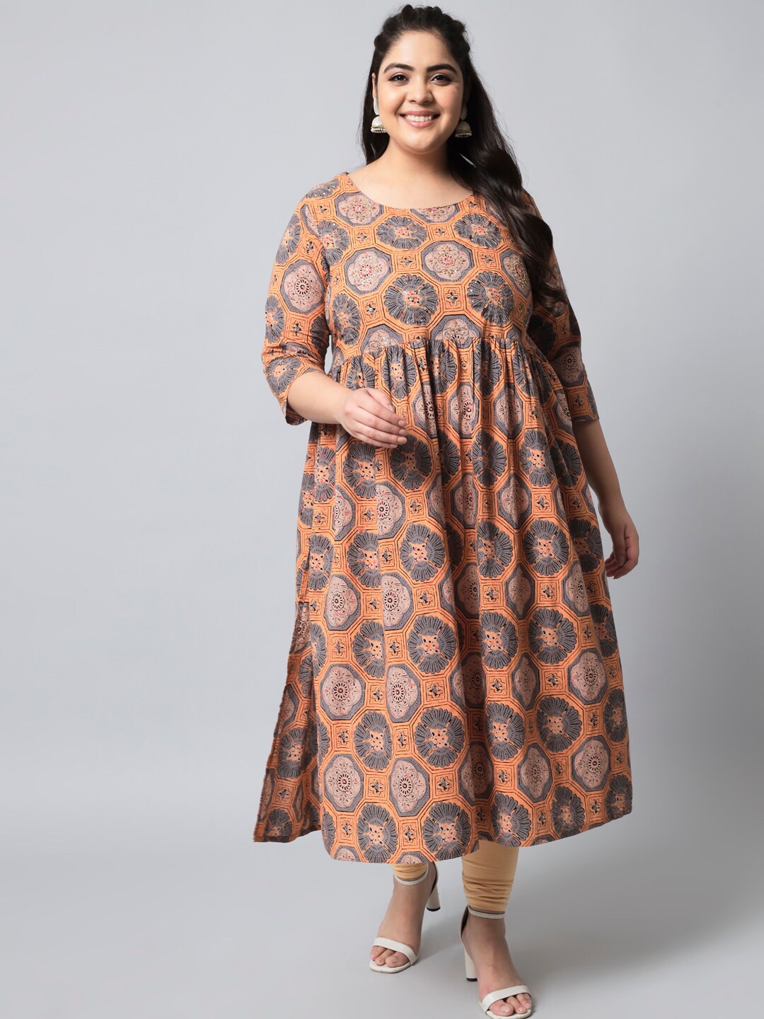 

Pankvi Plus Size Ethnic Motifs Printed Beads & Stones A-Line Cotton Kurta, Peach