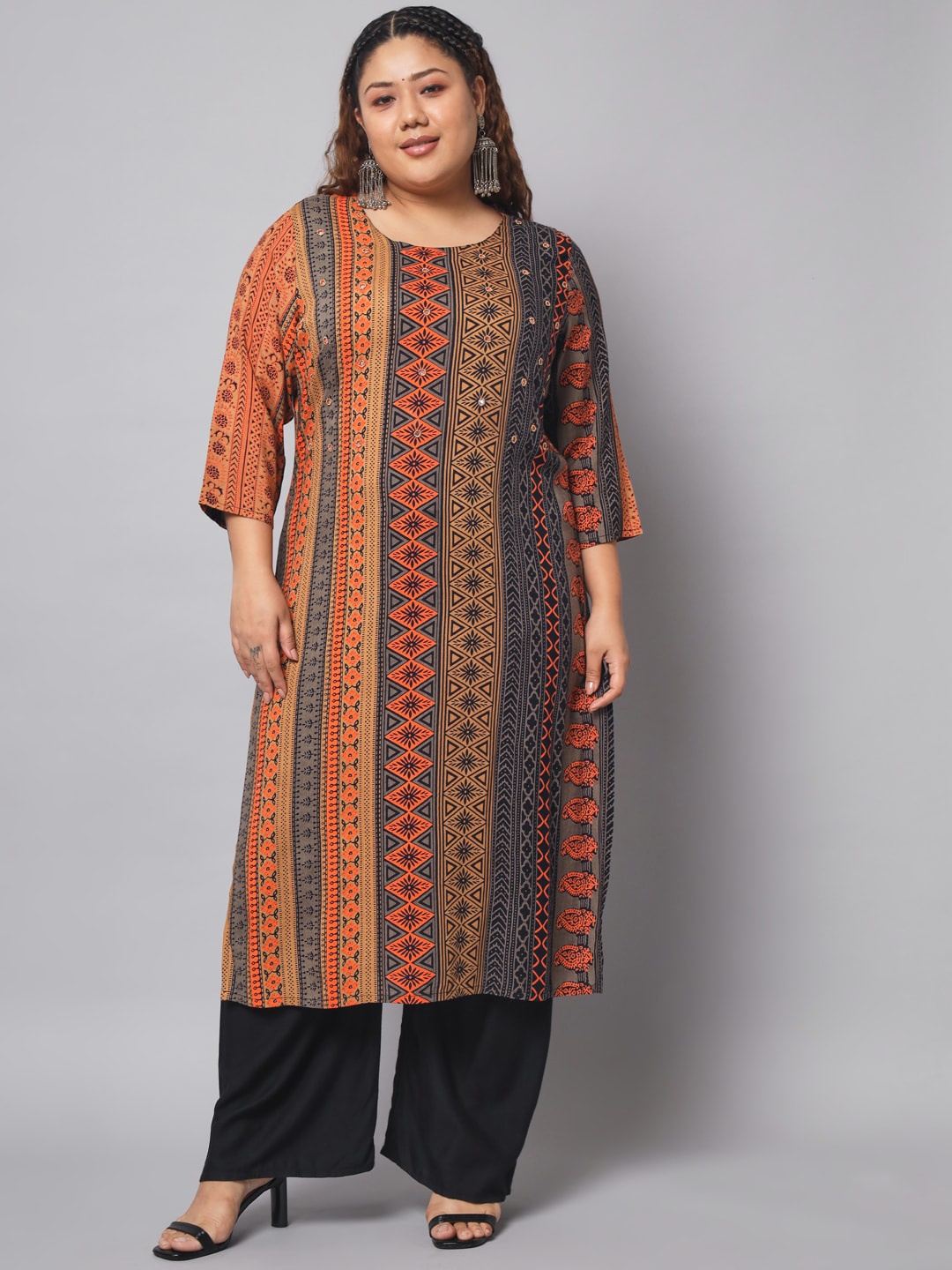 

Pankvi Plus Size Geometric Printed Beads & Stones Straight Kurta, Orange