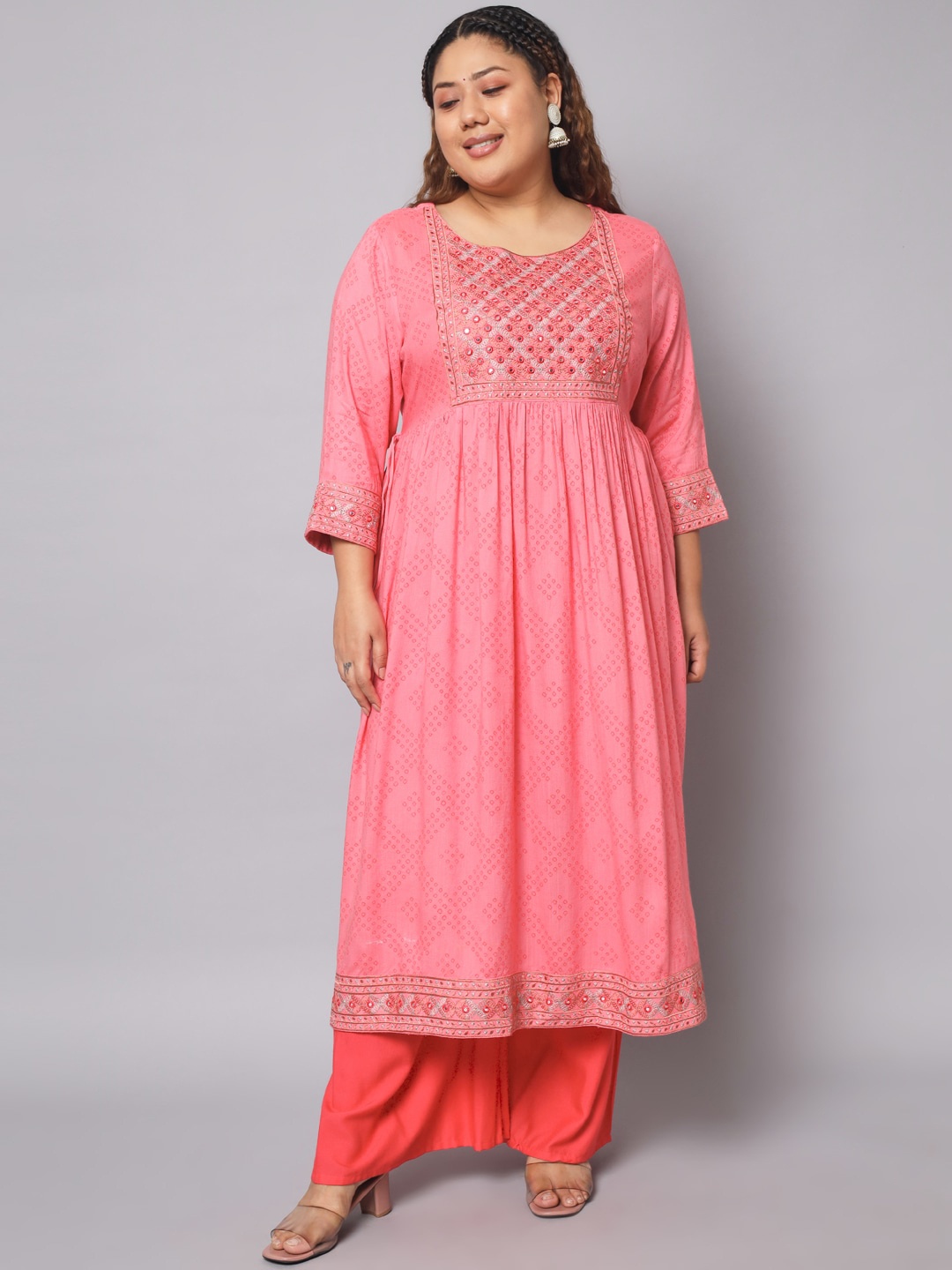 

Pankvi Plus Size Bandhani Printed Mirror Work Pleated A-Line Kurta, Pink