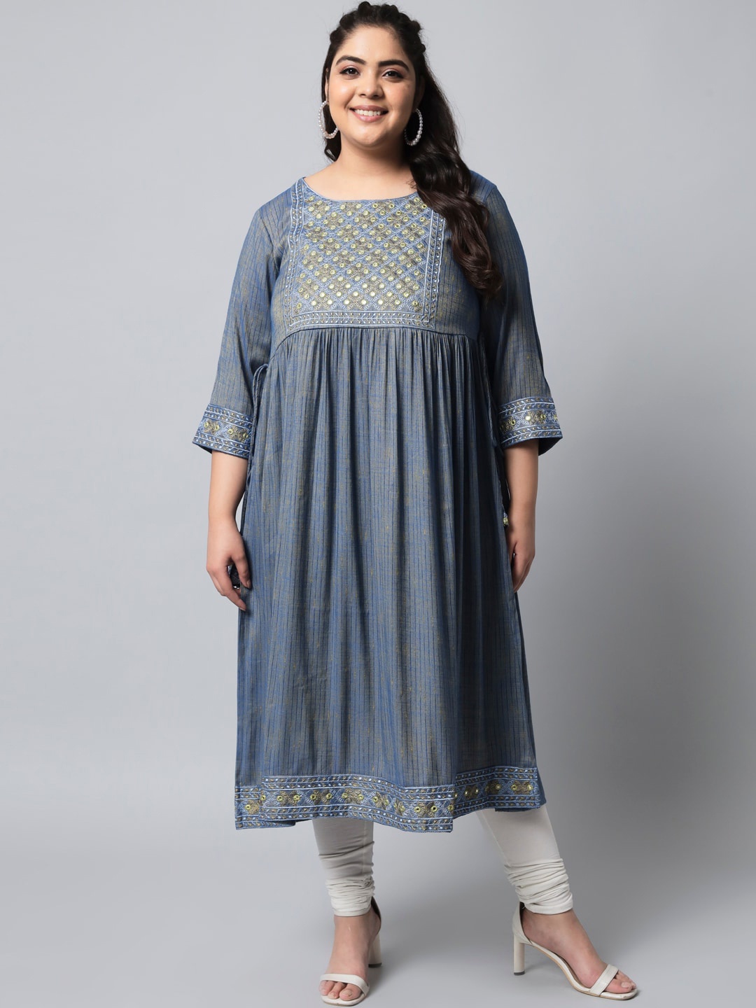 

Pankvi Plus Size Ethnic Motif Yoke Design Thread Work Pure Silk Foil Print A-Line Kurta, Blue
