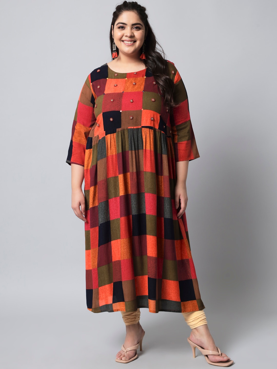 

Pankvi Plus Size Checked Thread Work Beads & Stones A-Line Kurta, Red