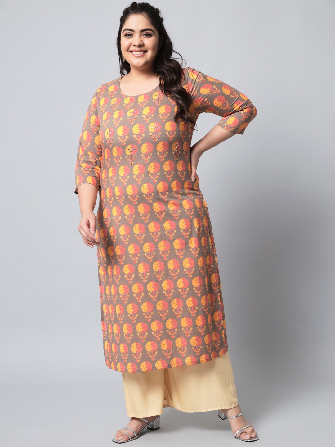 

Pankvi Plus Size Ethnic Motifs Printed Mirror Work Kurta, Brown