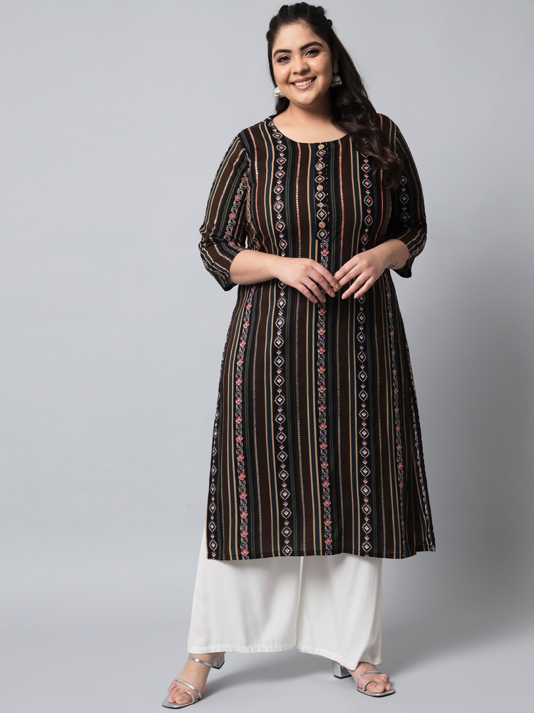 

Pankvi Plus Size Striped Mirror Work Straight Kurta, Brown