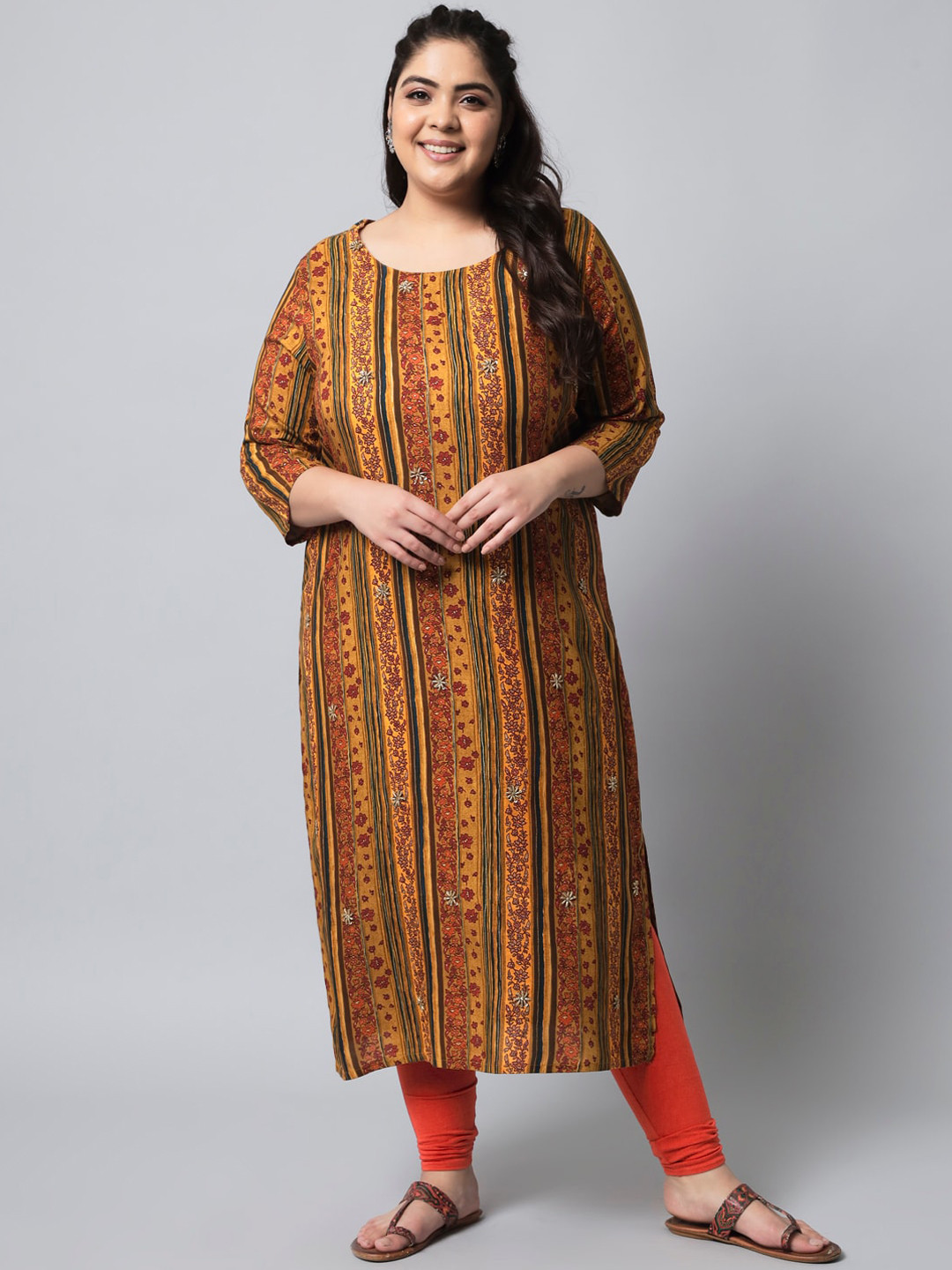 

Pankvi Plus Size Floral Printed Beads & Stones Straight Kurta, Mustard