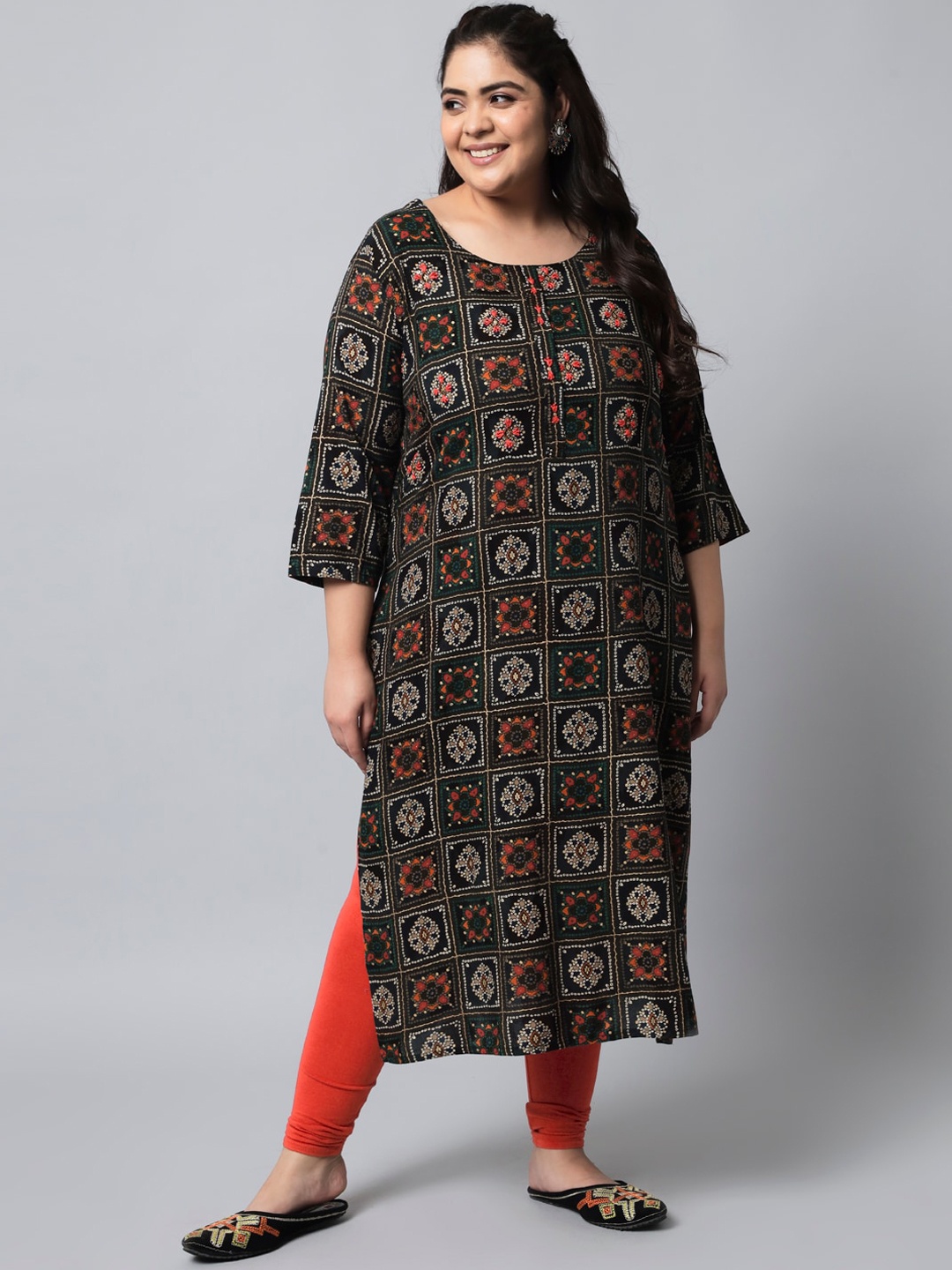 

Pankvi Plus Size Ethnic Motifs Printed Thread Work Straight Kurta, Black