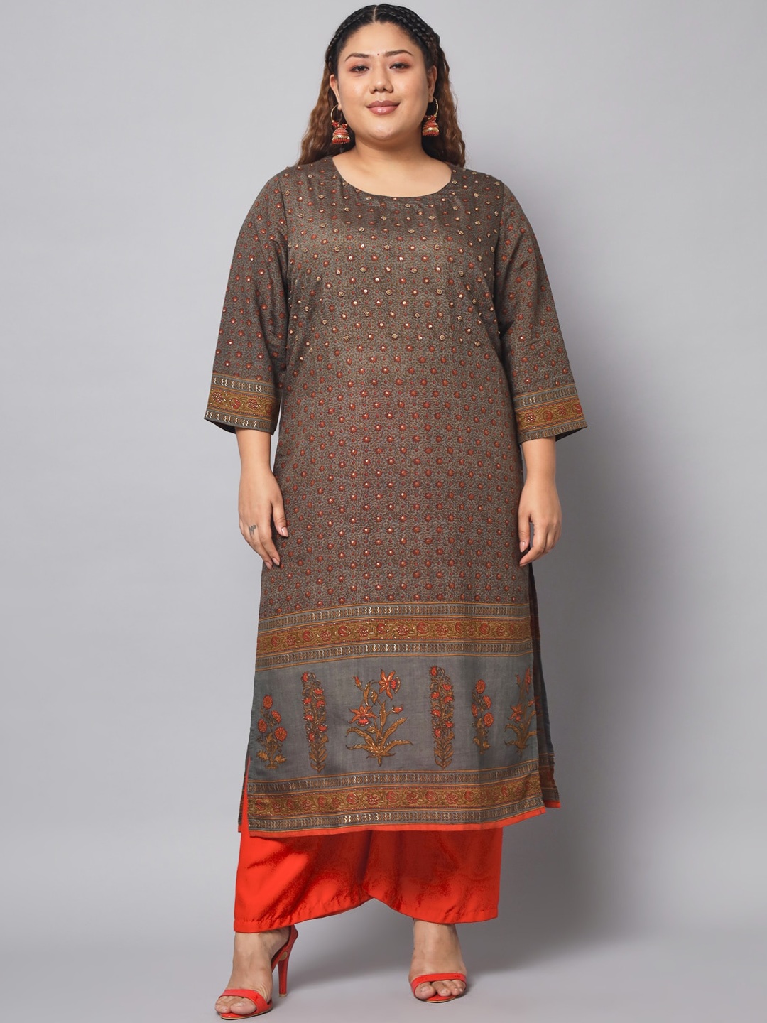 

Pankvi Plus Size Floral Printed Beads & Stones Straight Kurta, Brown