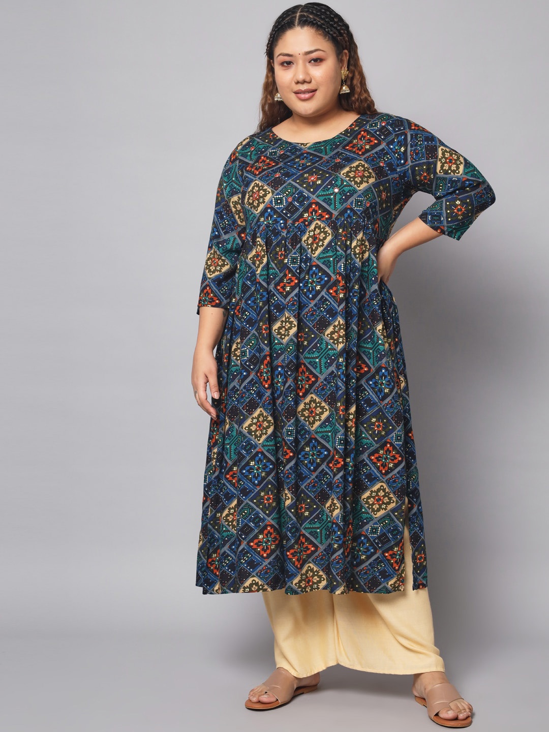 

Pankvi Plus Size Ethnic Motifs Printed A-Line Kurta, Navy blue
