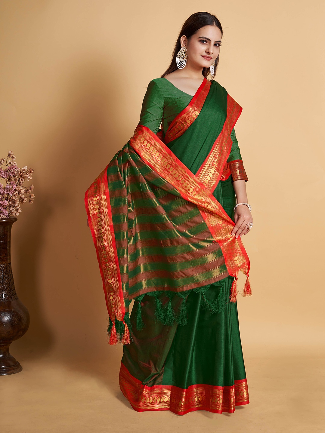 

Mitera Woven Design Border Zari Silk Blend Saree, Green