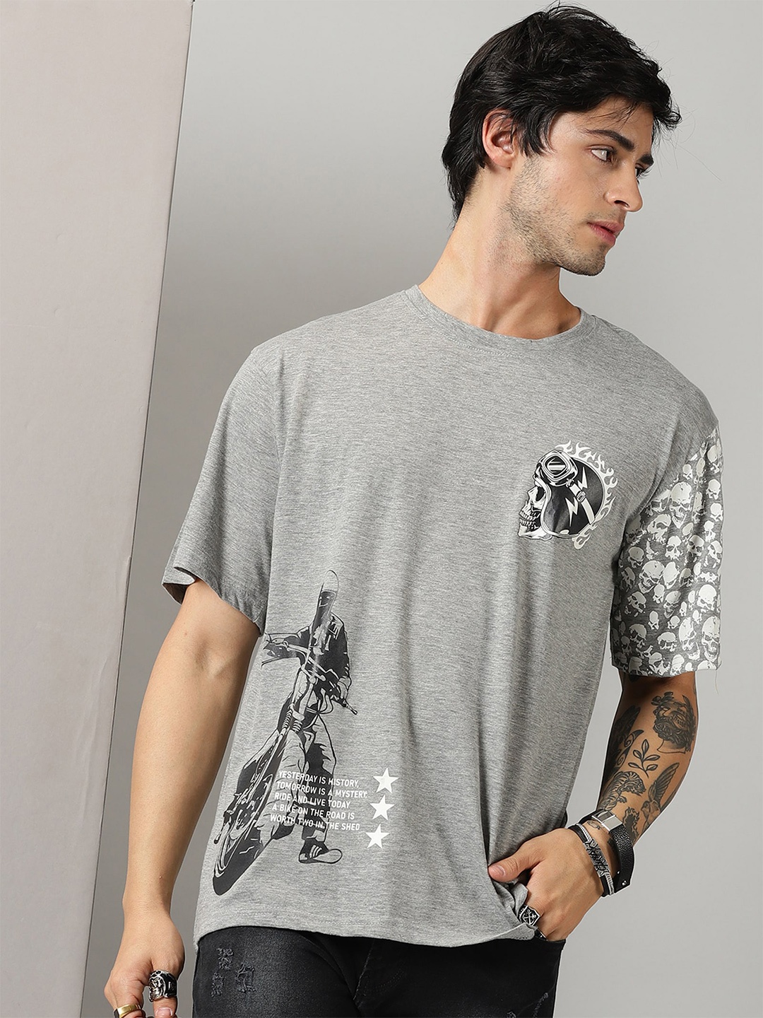 

Rodzen Graphic Printed Pure Cotton Loose T-shirt, Grey