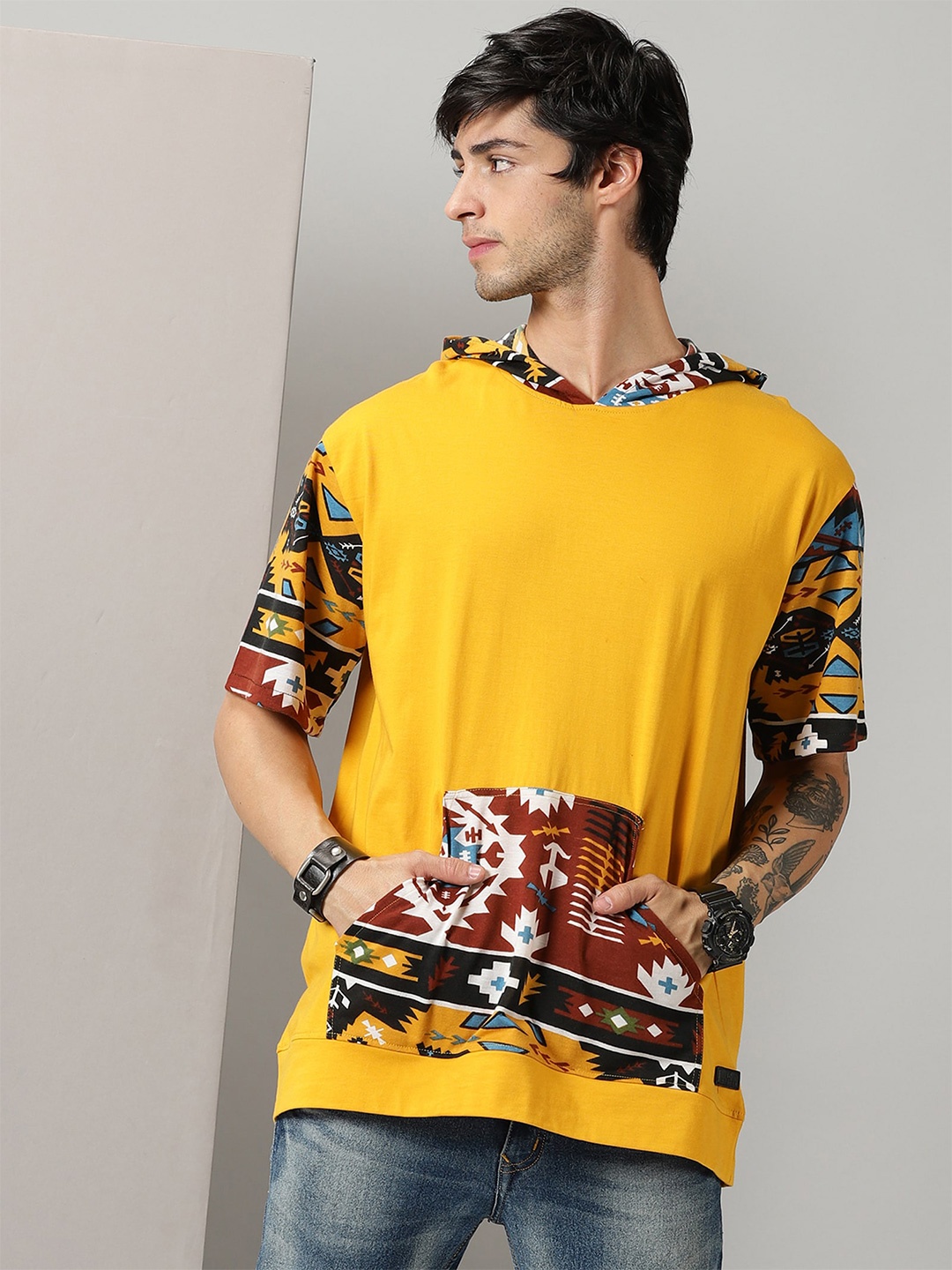 

Rodzen Tribal Printed Hooded Pure Cotton Loose T-shirt, Mustard