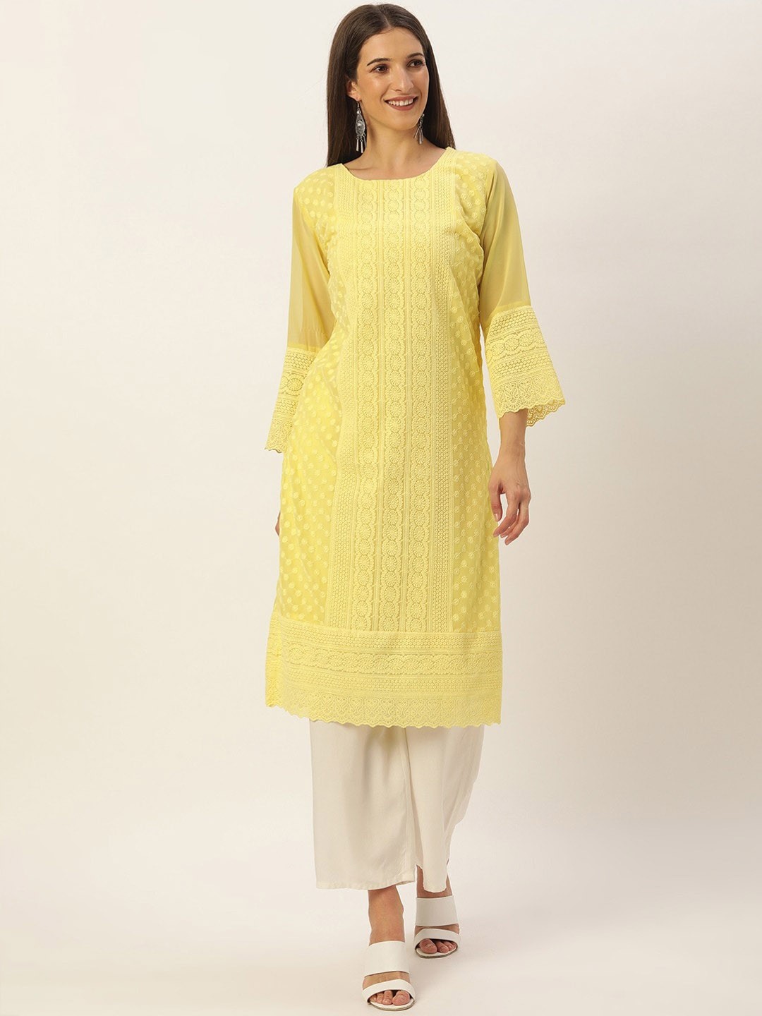 

SWAGG INDIA Round Neck Chikankari Embroidery Georgette Straight Kurta, Yellow