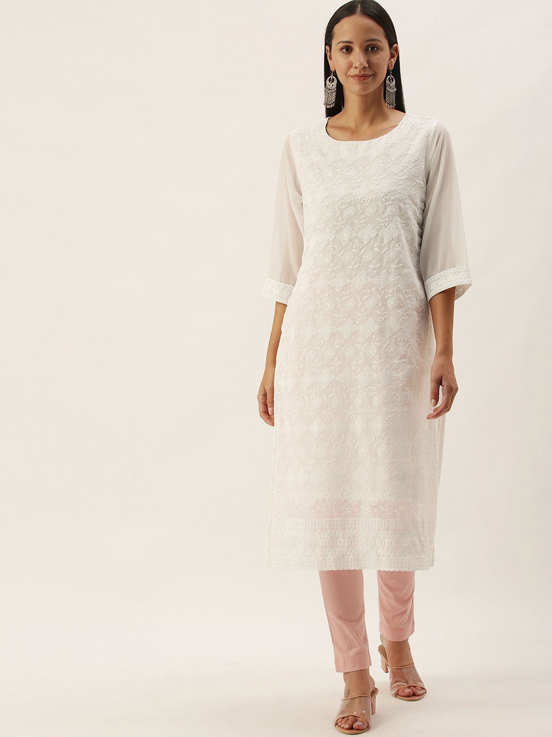 

SWAGG INDIA Round Neck Chikankari Embroidery Georgette Straight Kurta, White