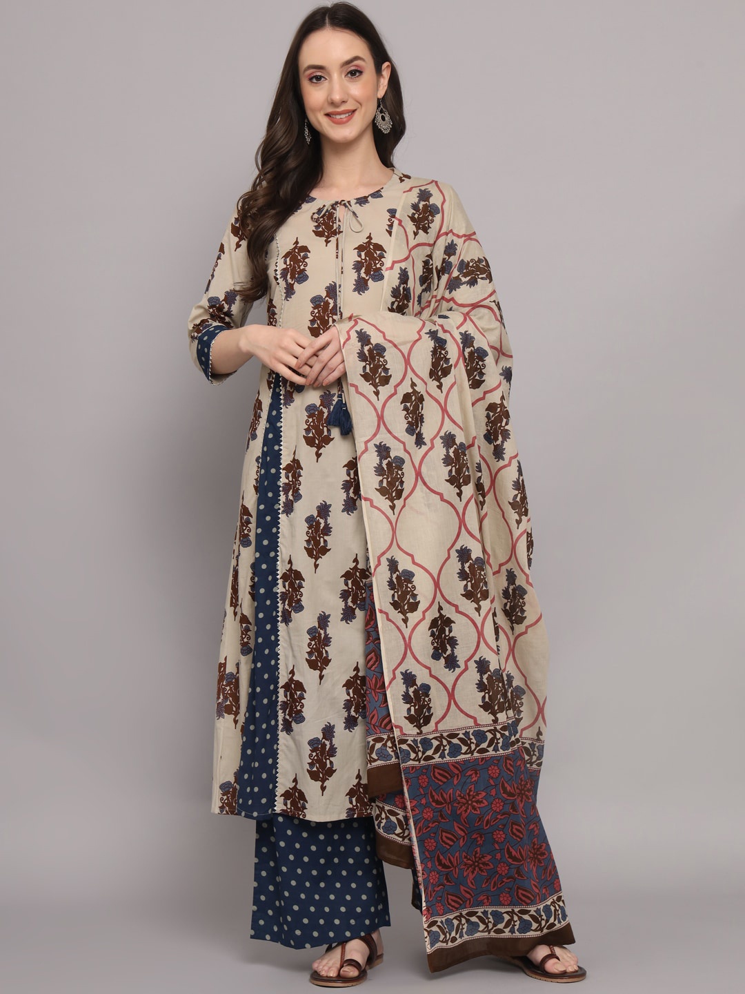 

Sutidora Floral Printed Gotta Patti Pure Cotton A-Line Kurta with Palazzos & Dupatta, Beige