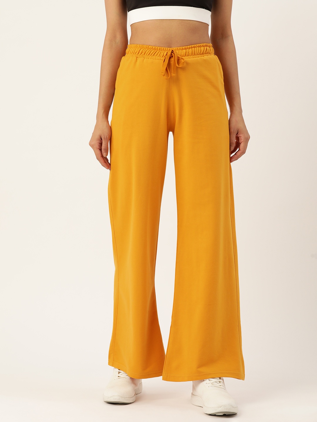 

FEMEA Women Straight Fit Wide Leg Track Pants, Mustard