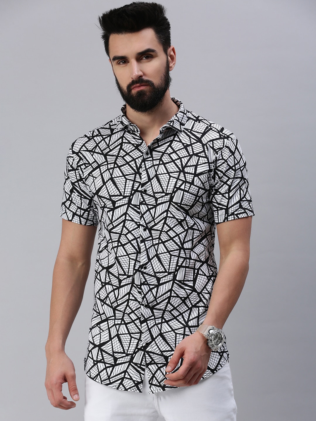 

Rodzen Abstract Printed Cotton Casual Shirt, White