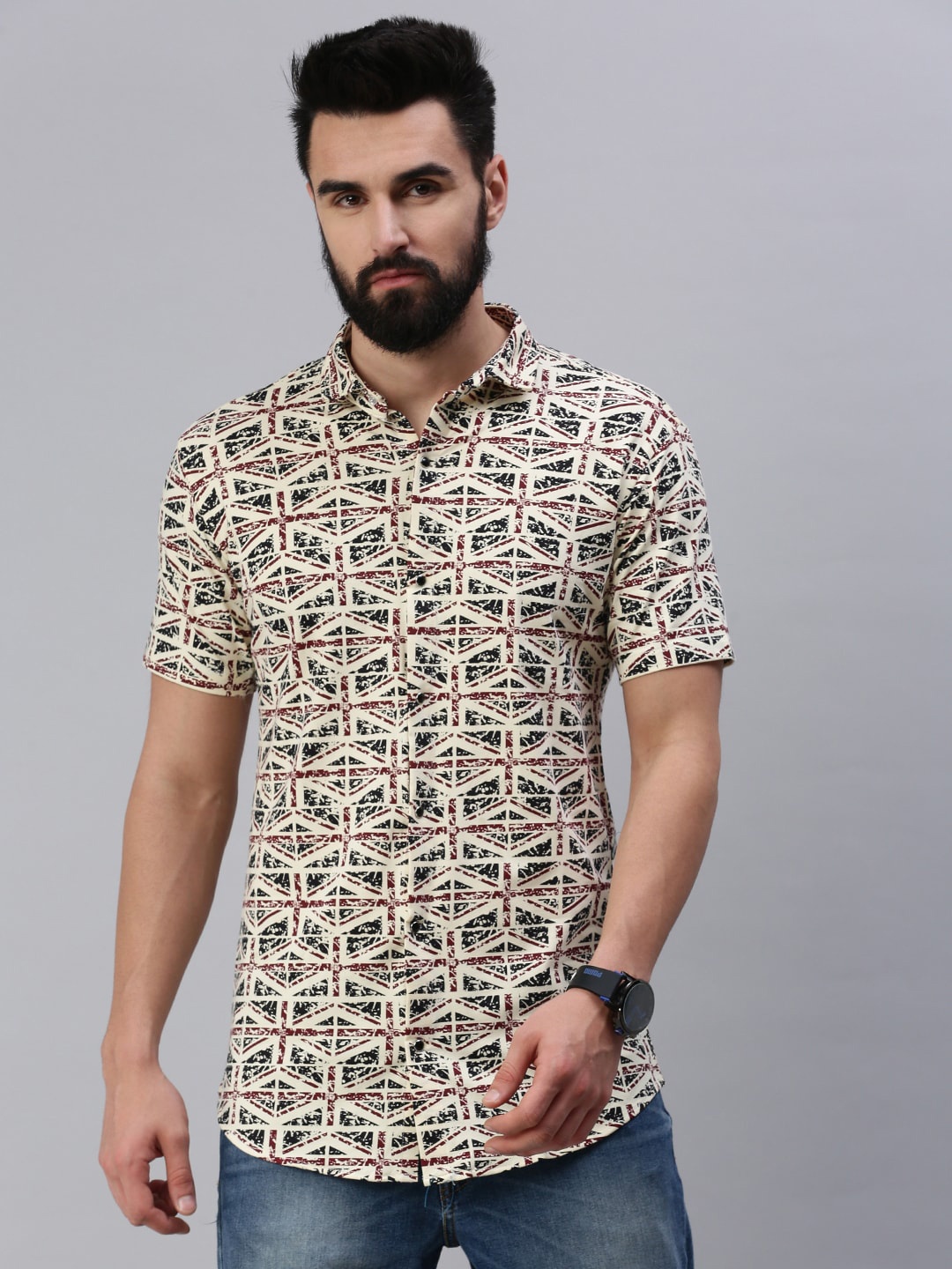 

Rodzen Geometric Printed Cotton Casual Shirt, Beige