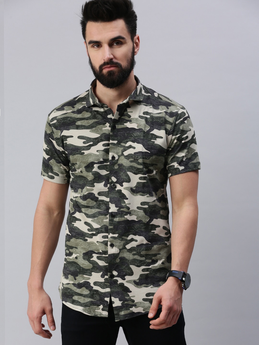 

Rodzen Camouflage Printed Cotton Casual Shirt, Green