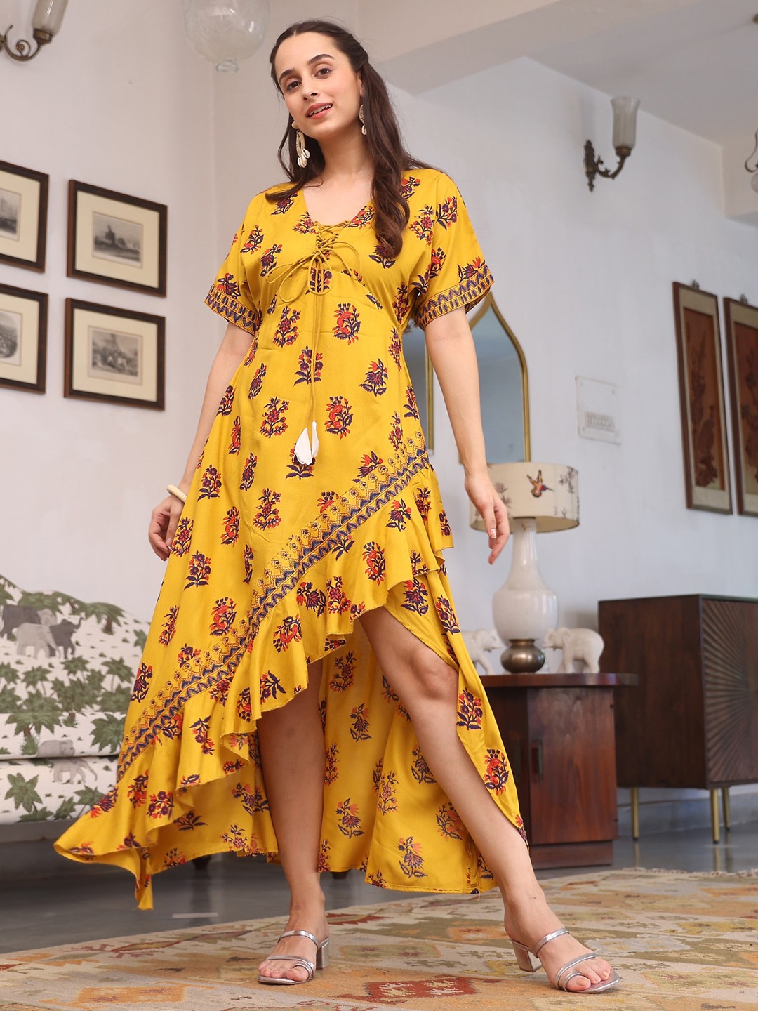 

Rustorange Yellow Floral Print Maxi Dress