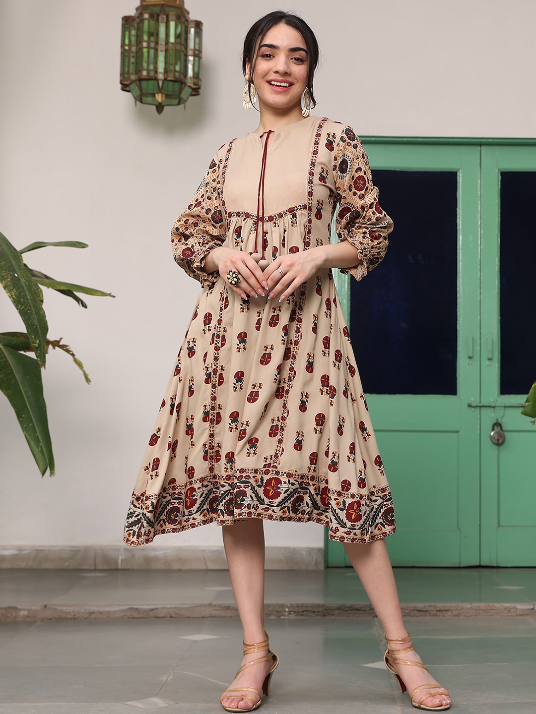 

Rustorange Floral Printed A-Line Midi Ethnic Dress, Beige