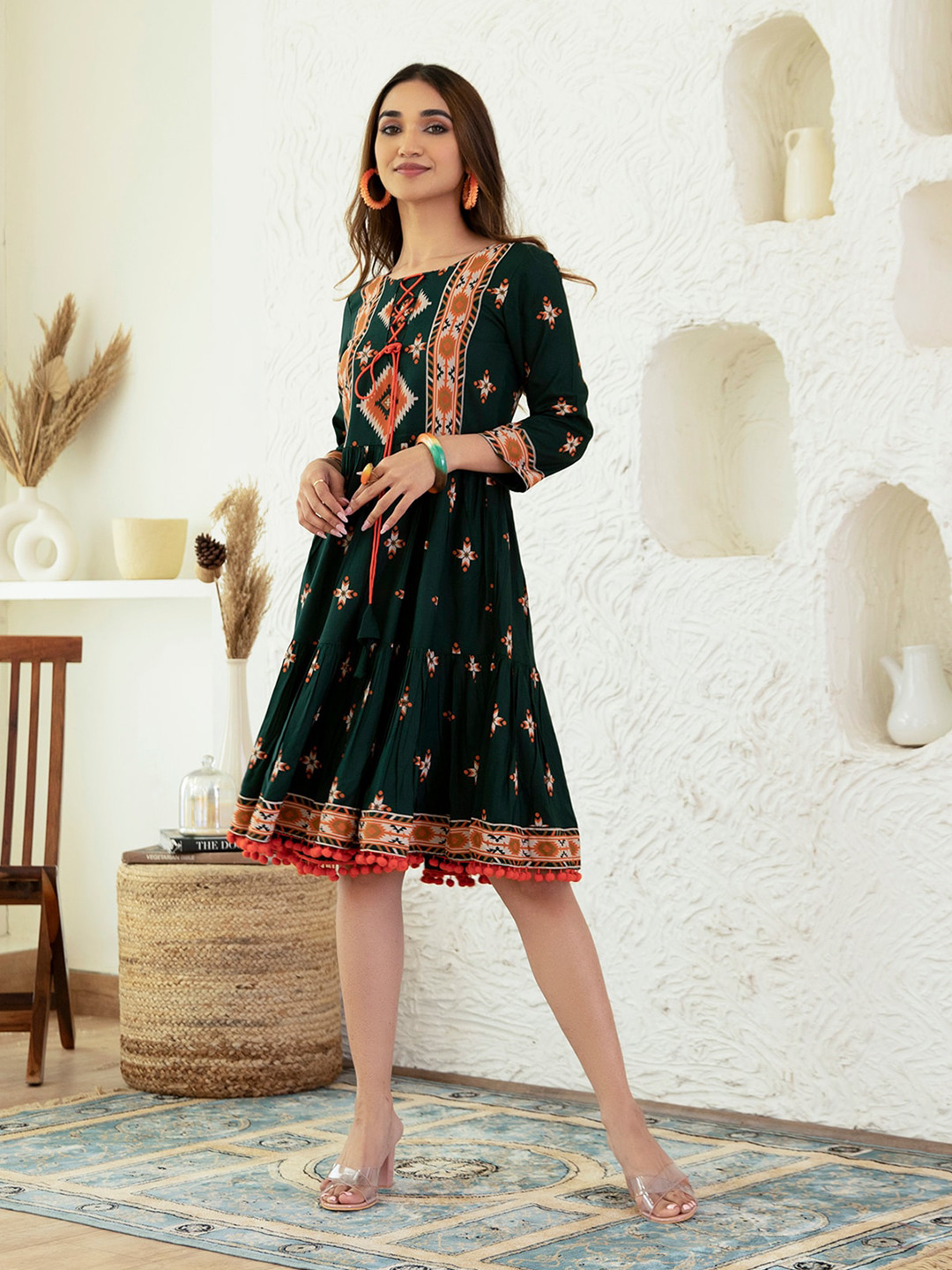 

Rustorange Print Fit & Flare Dress, Green