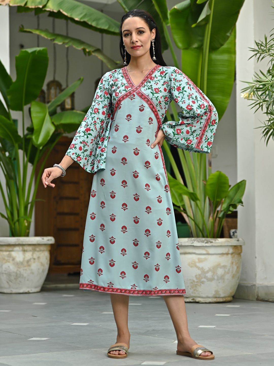 

Rustorange Floral Printed Flared Sleeve A-Line Midi Ethnic Dress, Turquoise blue