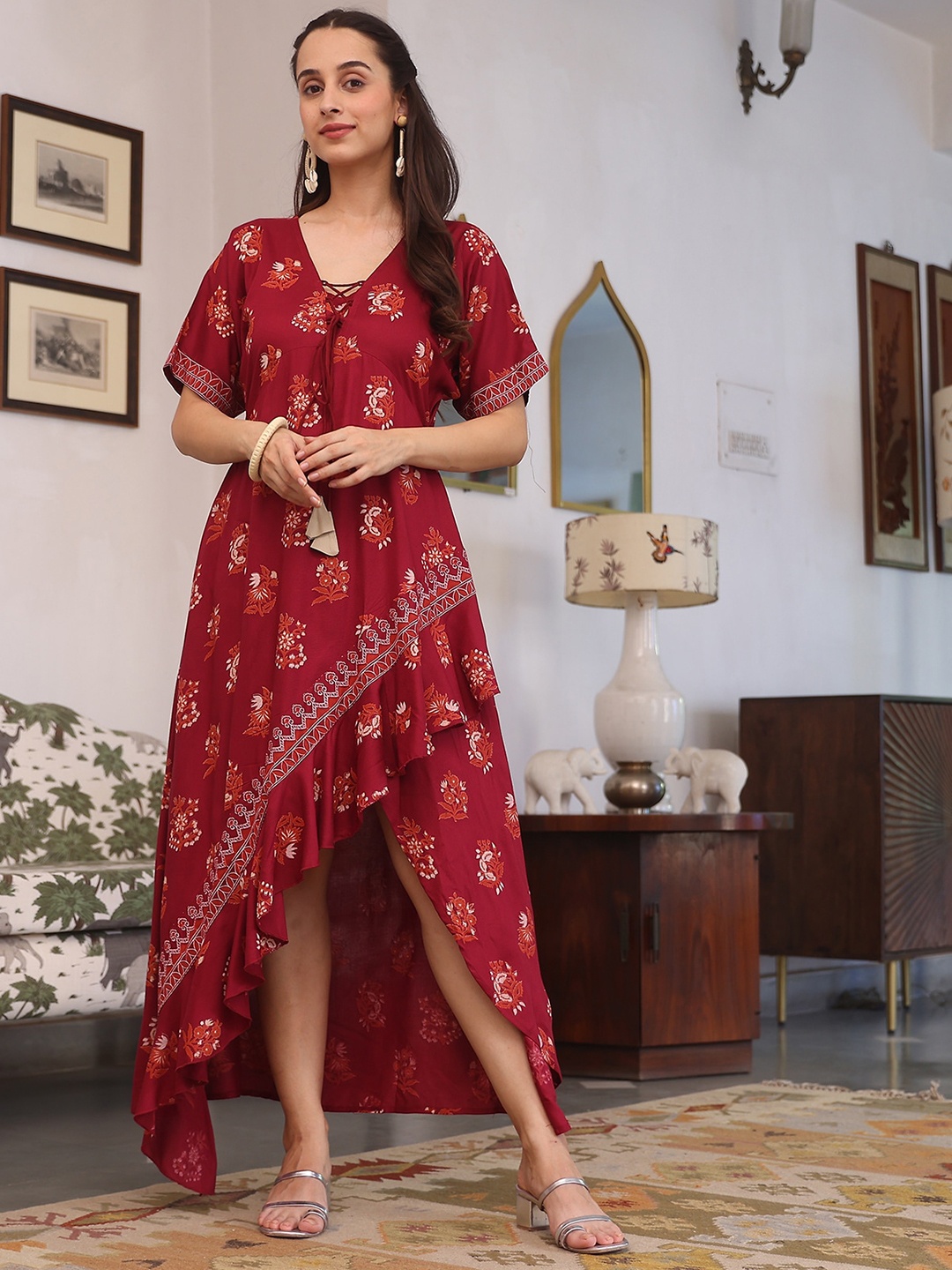 

Rustorange Floral Print Tie Up Neck Maxi Ethnic Dress, Maroon