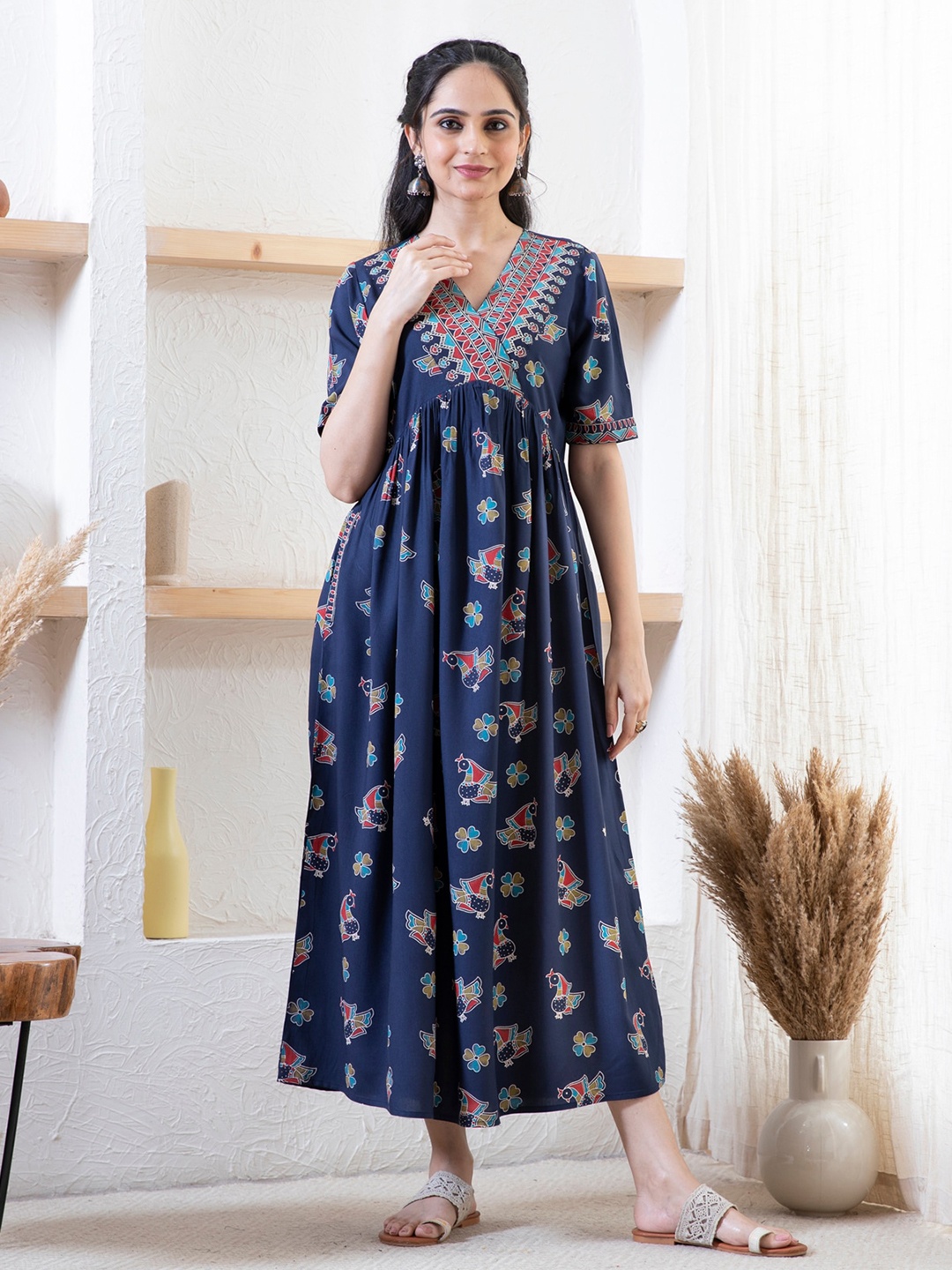 

Rustorange Ethnic Motifs Printed Gathered Maxi A-Line Ethnic Dress, Navy blue