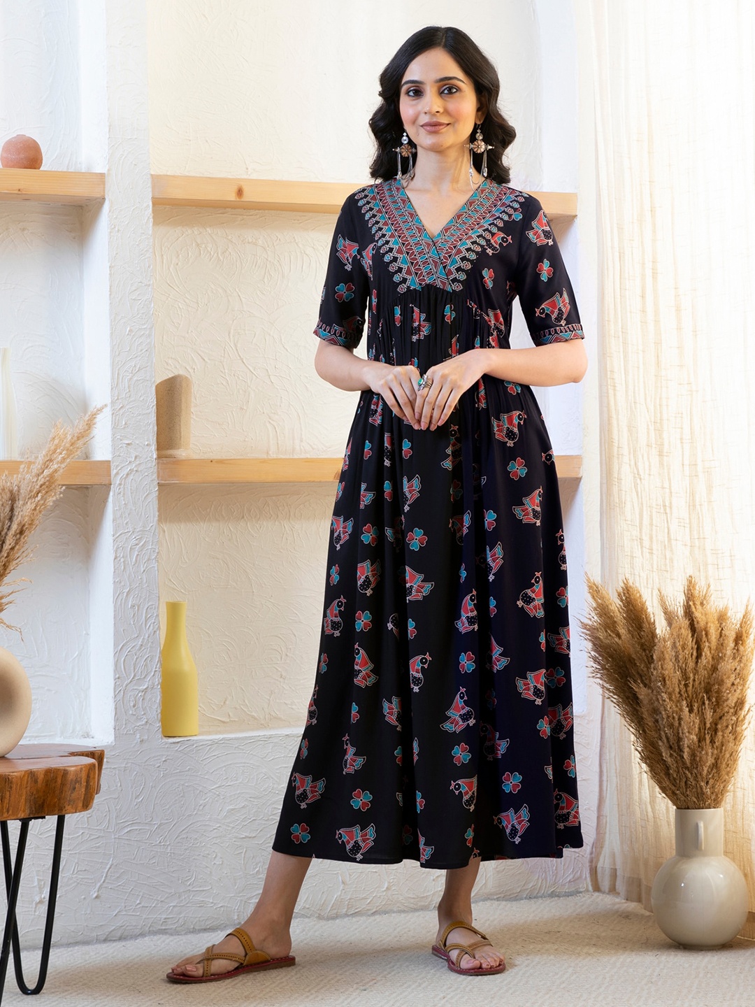 

Rustorange Ethnic Motif Printed Empire Midi Ethnic Dress, Black