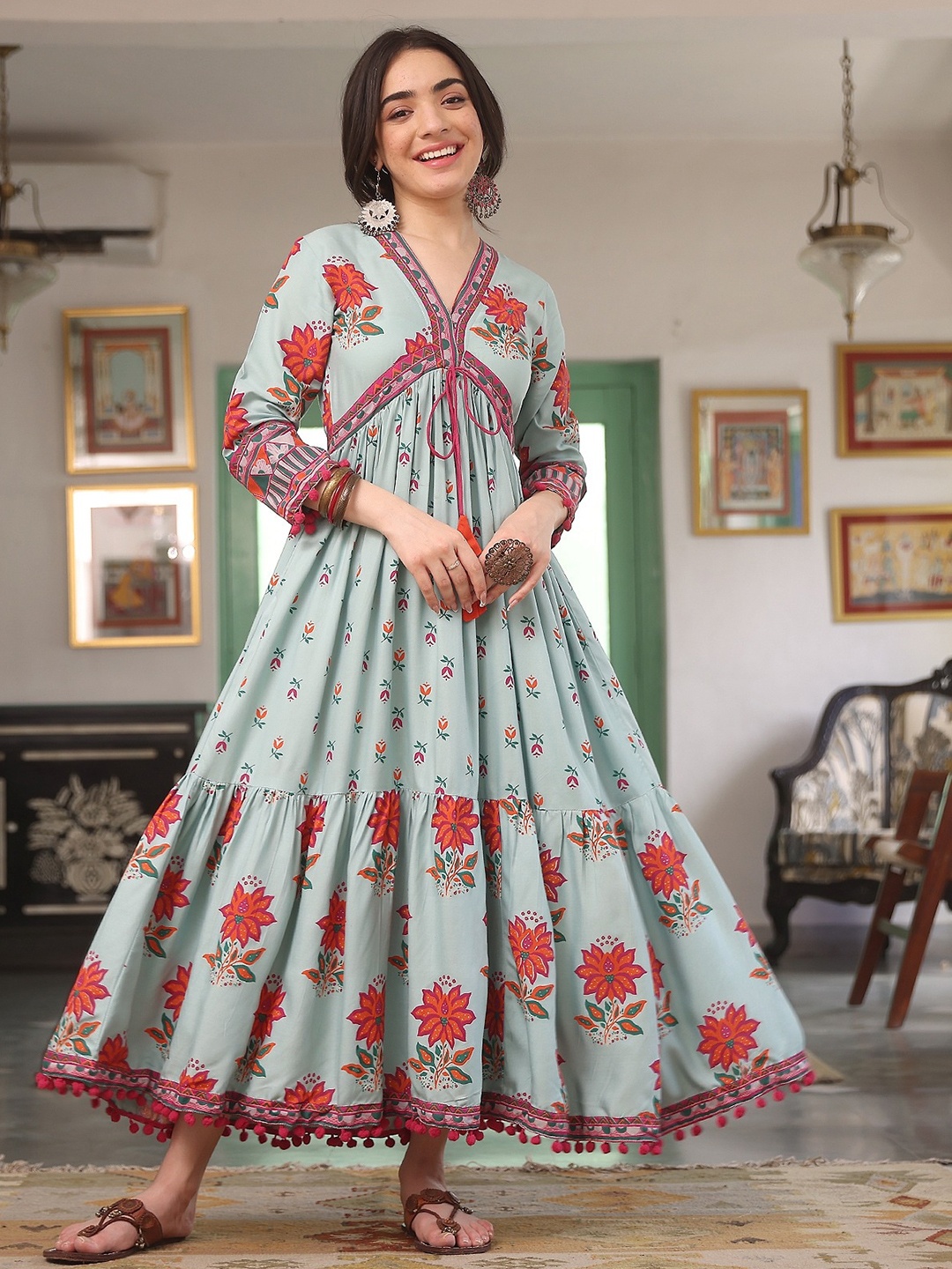 

Rustorange V-Neck Tiered Floral Print Maxi Ethnic Dress, Blue