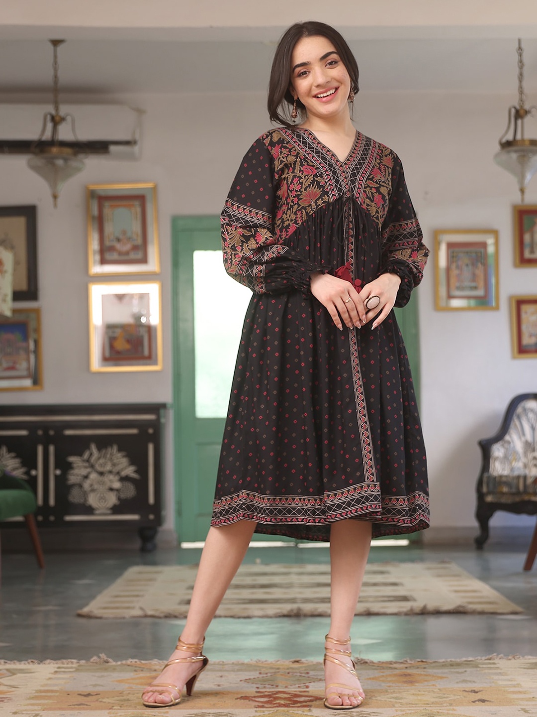 

Rustorange Ethnic Motif Printed V-Neck A-Line Ethnic Dress, Brown