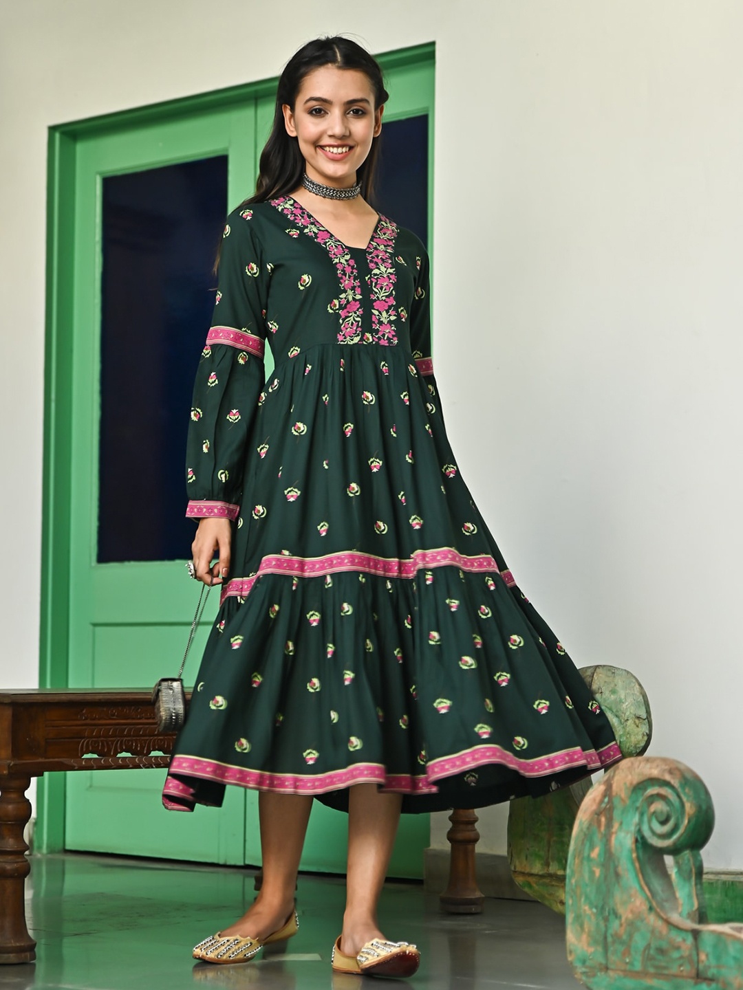

Rustorange Floral Print Tiered Dress, Green