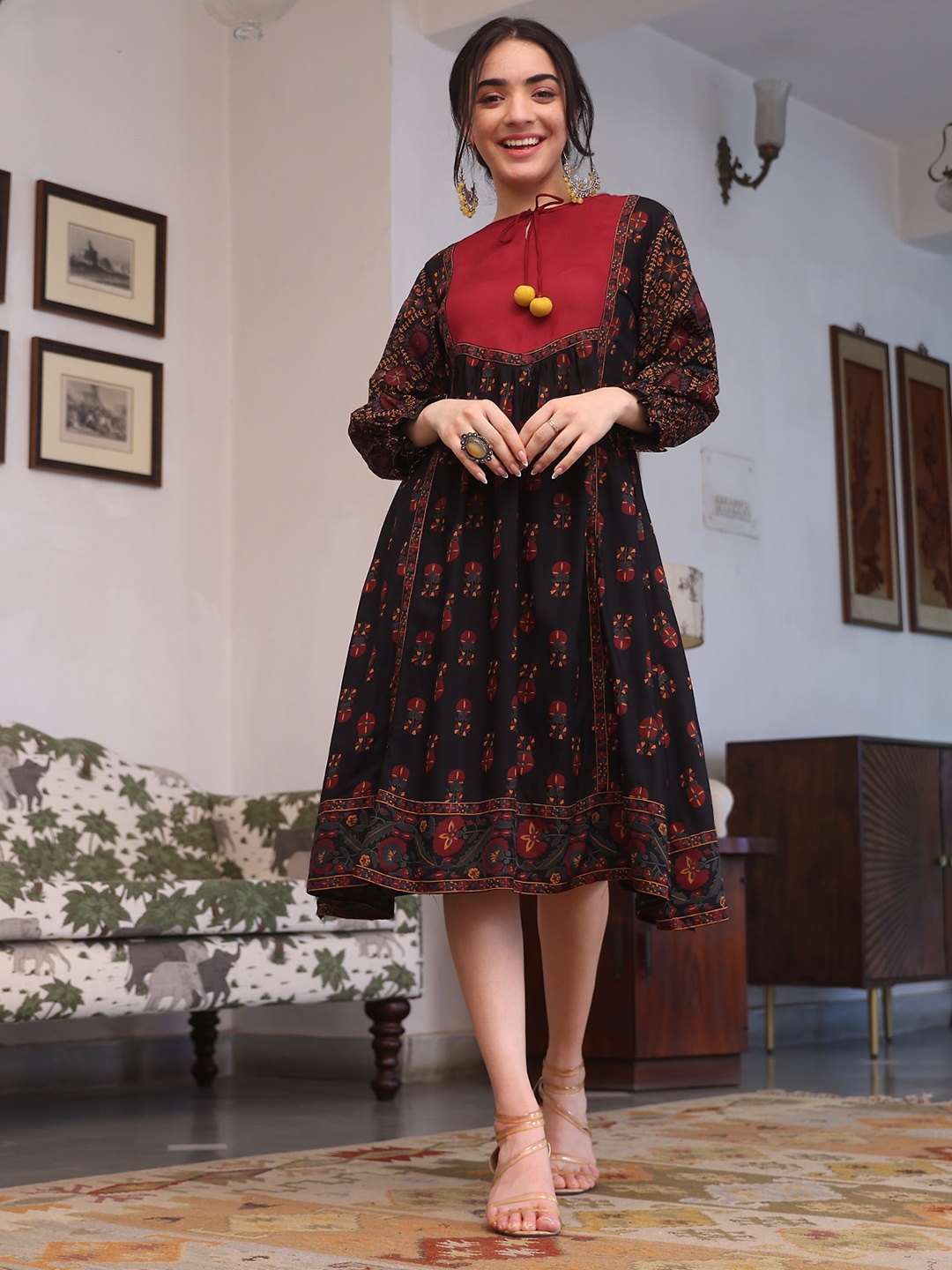 

Rustorange Ethnic Motifs Printed Fit & Flare Ethnic Dress, Black
