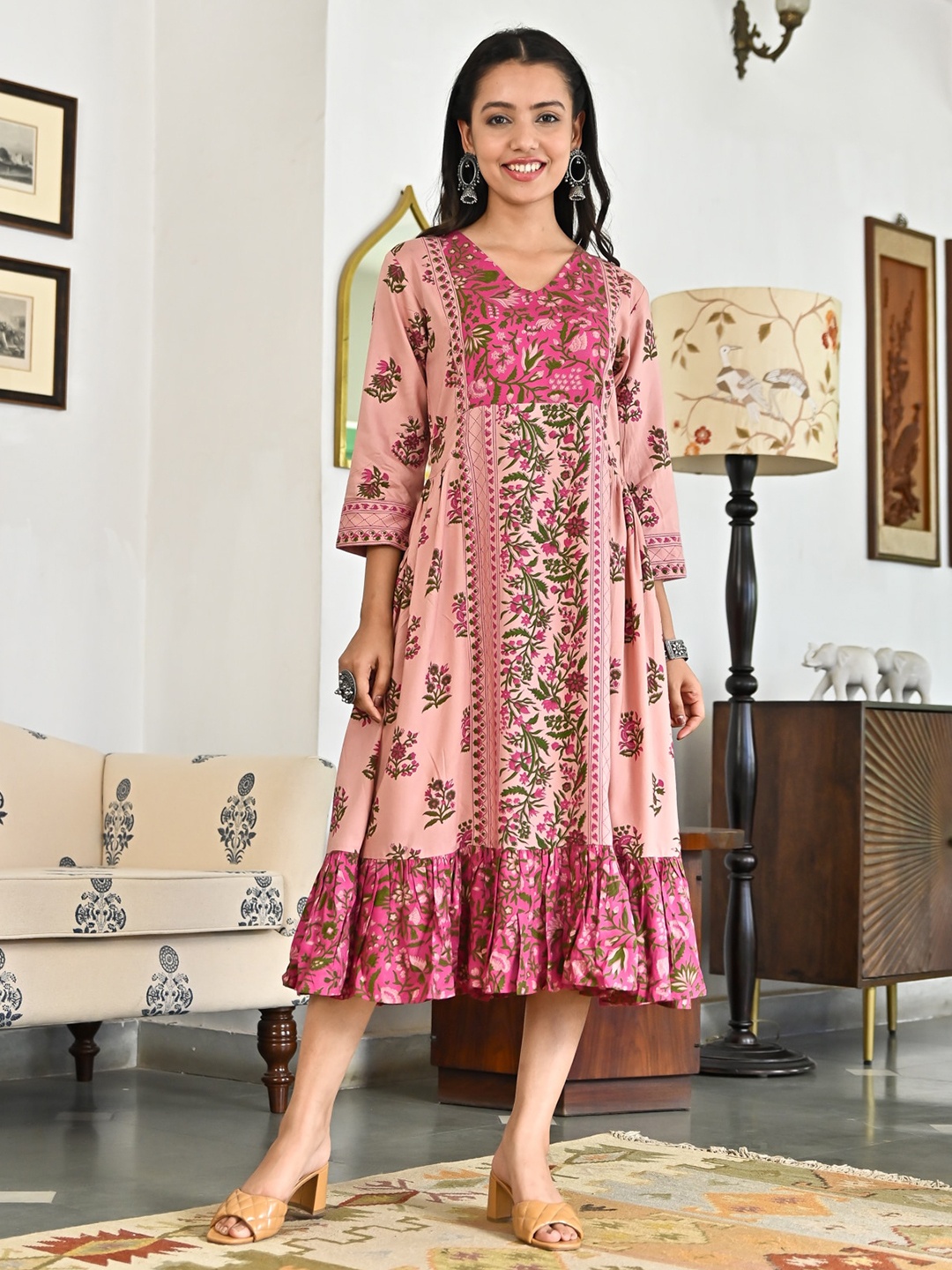 

Rustorange Pink Floral Print A-Line Midi Ethnic Dress