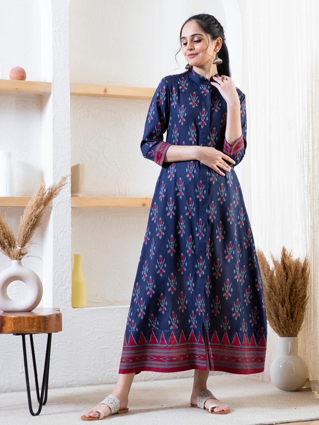 

Rustorange Ethnic Motif Printed Mandarin Collar A-Line Ethnic Dress, Navy blue