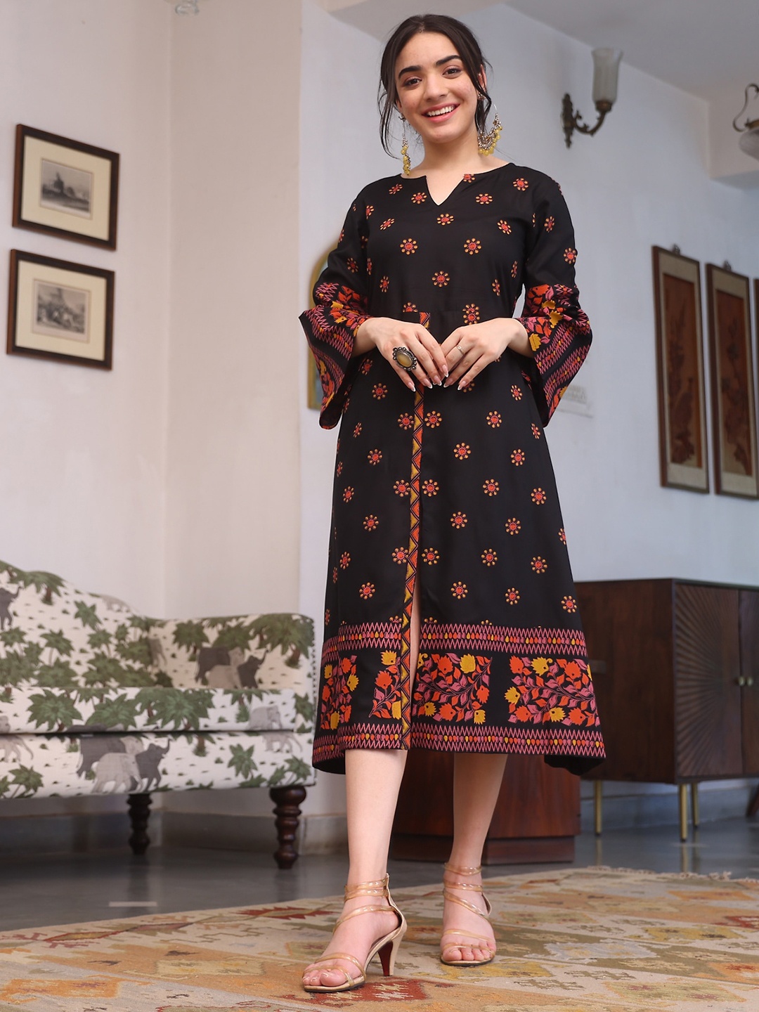 

Rustorange Floral Print A-Line Midi Ethnic Dress, Black