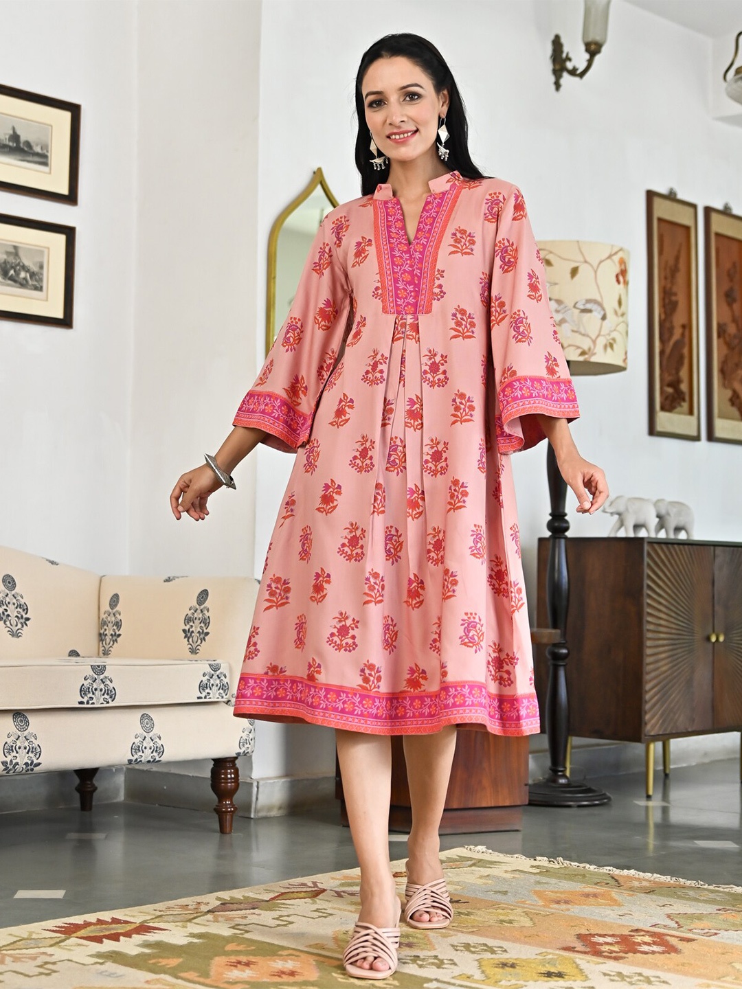 

Rustorange Floral Print A-Line Ethnic Dress, Pink