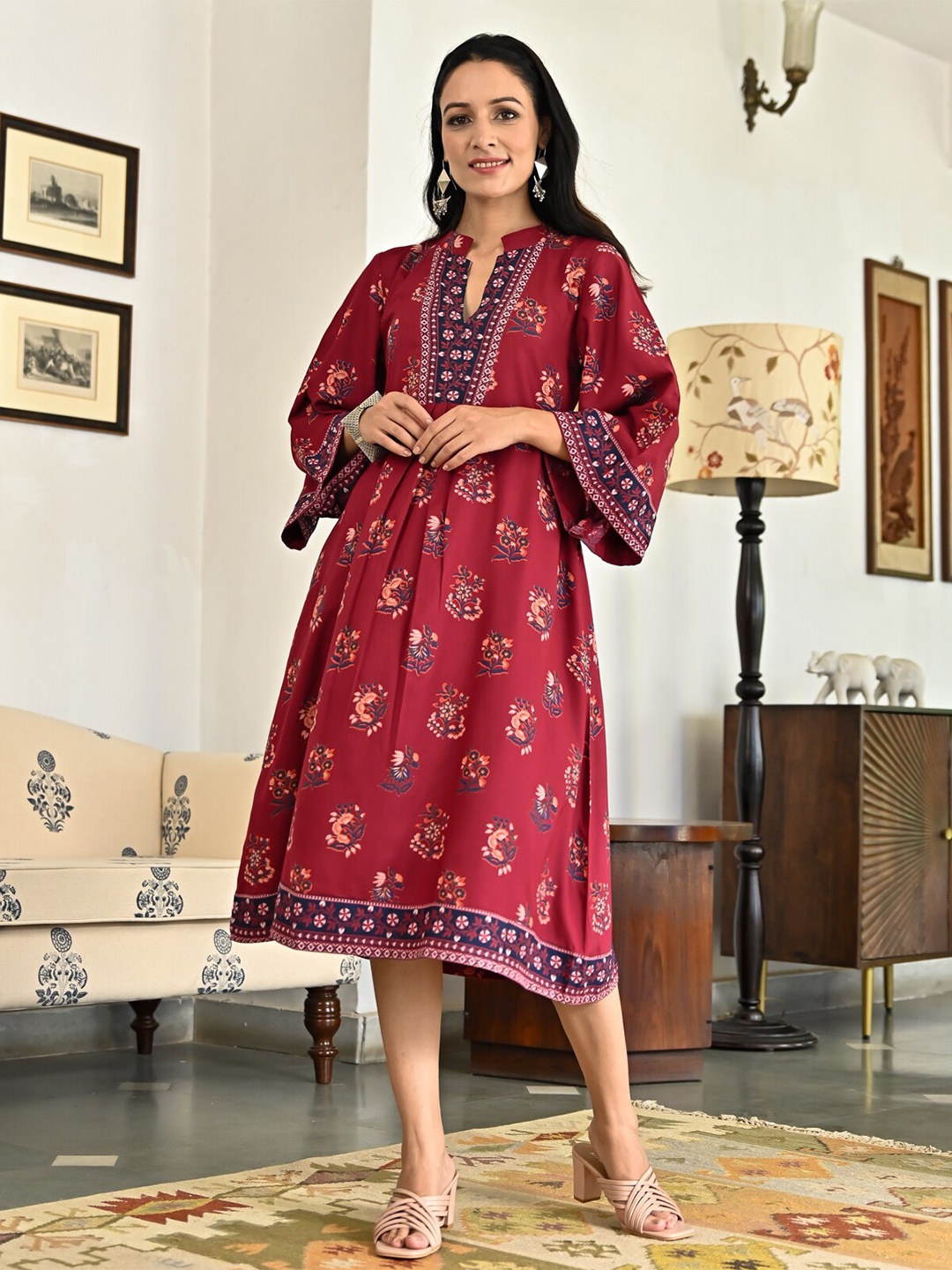 

Rustorange Floral Print A-Line Midi Ethnic Dress, Maroon