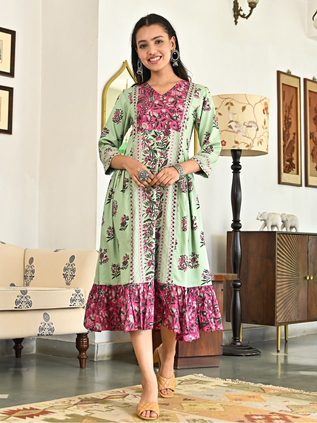 

Rustorange Ethnic Motifs Print A-Line Dress, Green