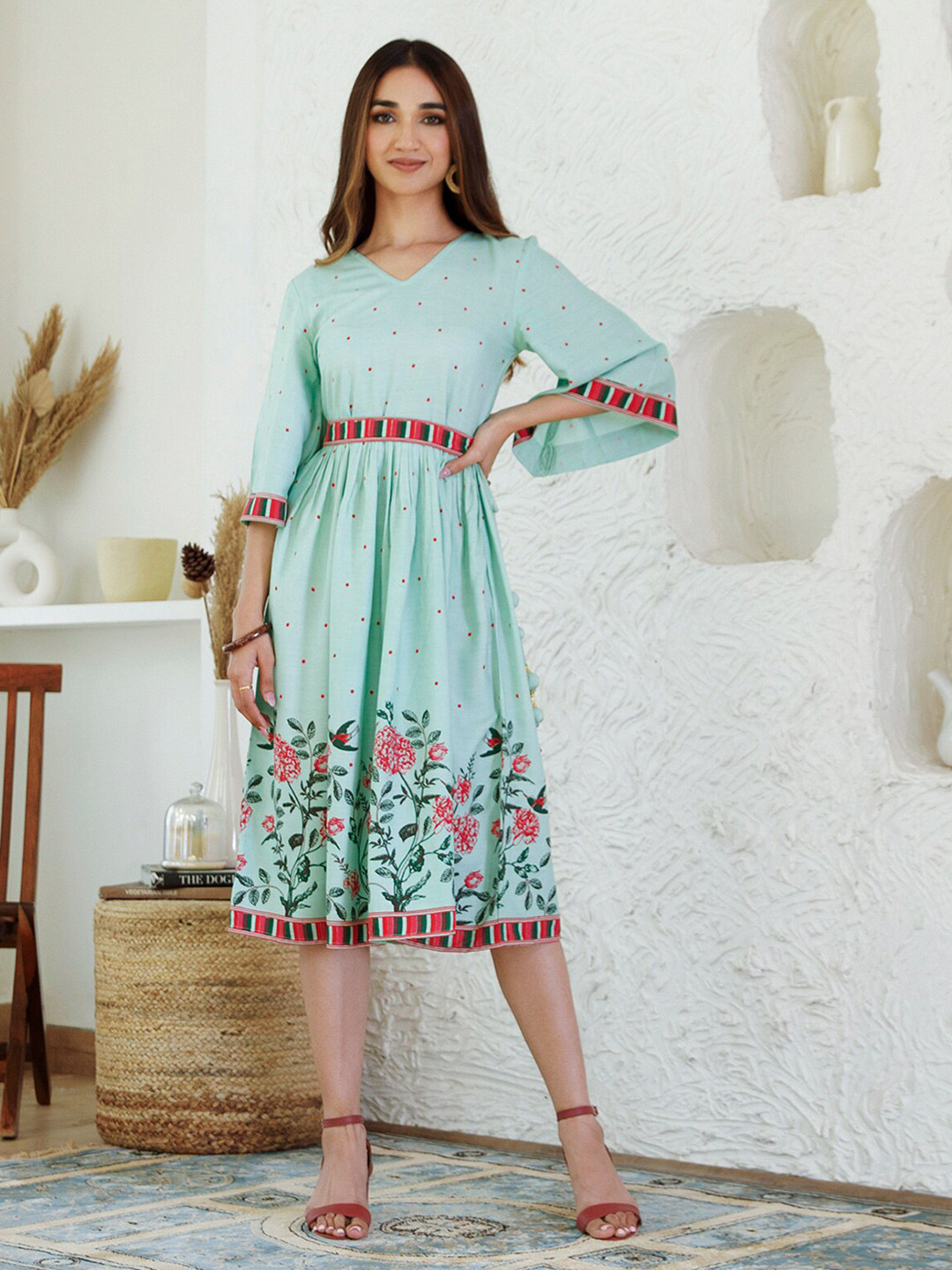 

Rustorange Floral Print A-Line Dress, Green