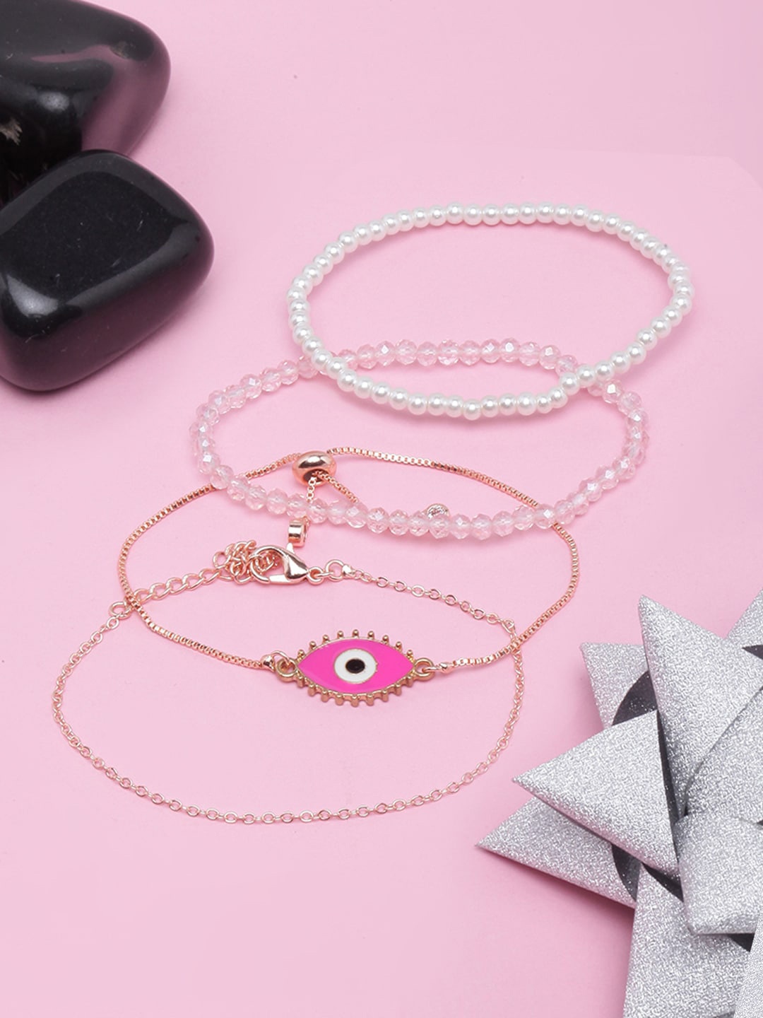 

DressBerry Women Set Of 4 Rose Gold-Plated Charm Bracelet