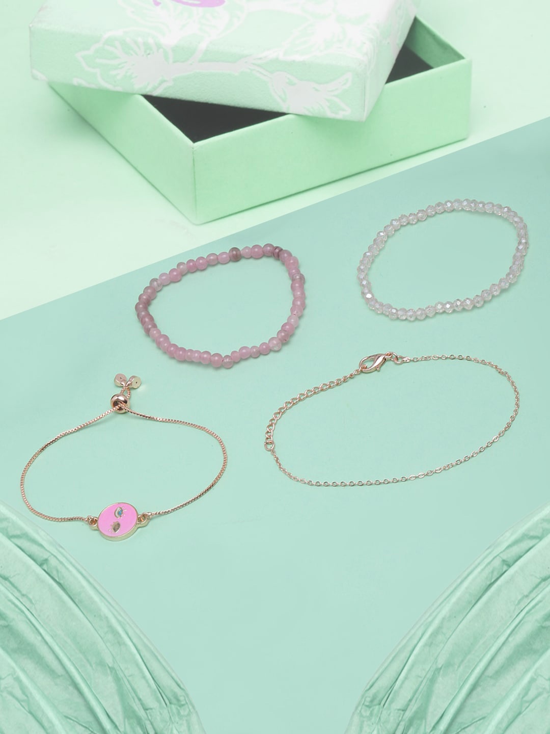 

DressBerry Set Of 4 Rose Gold-Plated Beaded Charm & Elasticated Bracelets, Pink