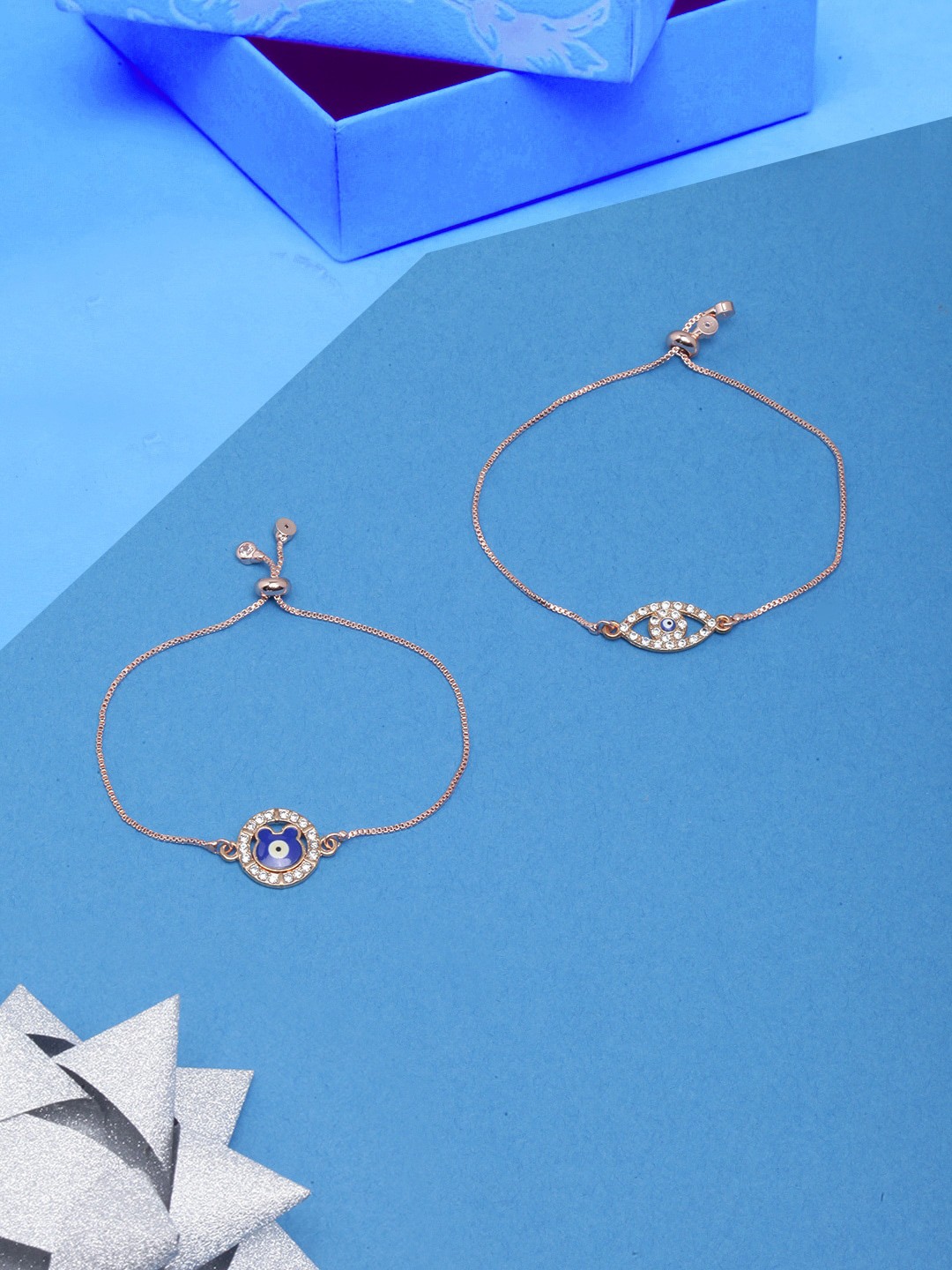 

DressBerry Set Of 2 Gold-Plated Stone-Studded Enamelled Evil Eye Charm Bracelets, Blue